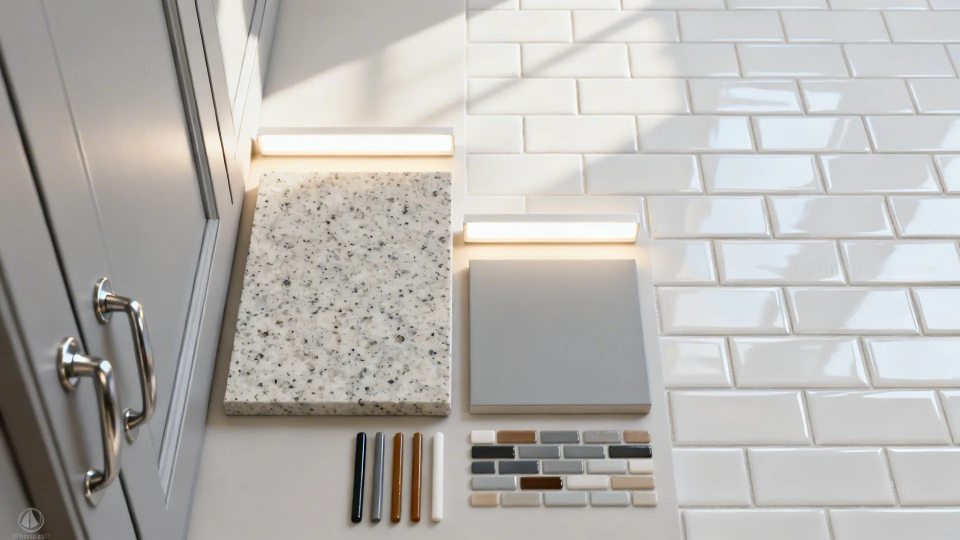 Flat lay of light speckled granite, glossy subway tiles, cabinet and grout samples.