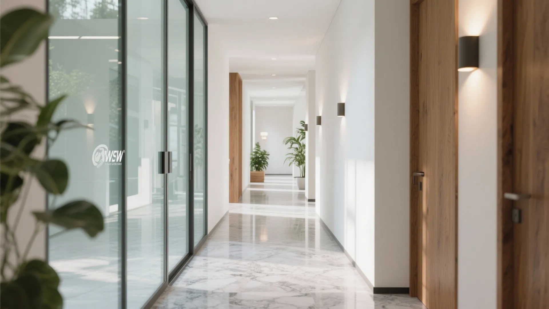 Long white hallway with glass walls marble floor wall lights and wooden doors in bright sunlight