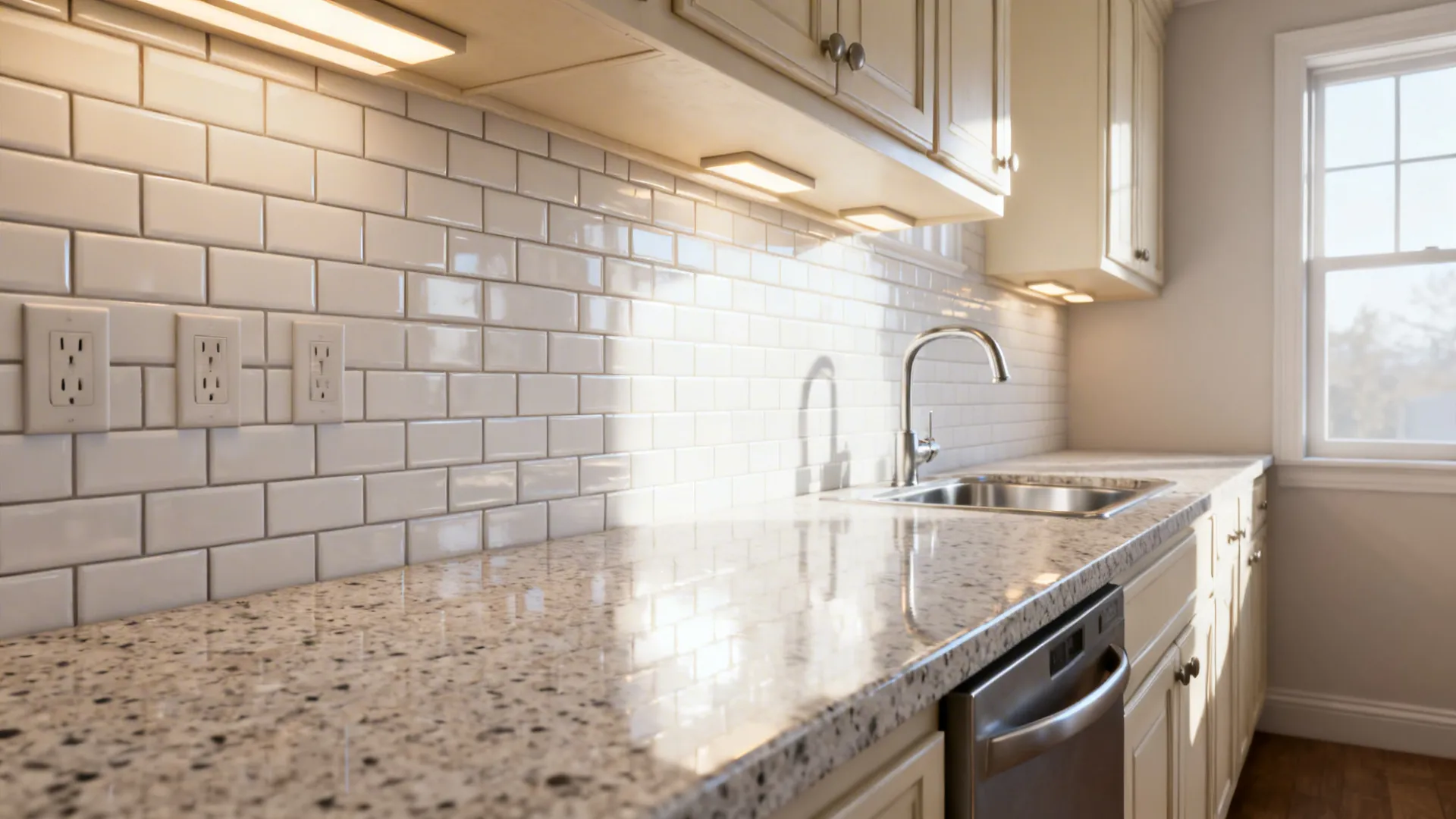 Light speckled granite with glossy white subway tile backsplash brightening a narrow kitchen.