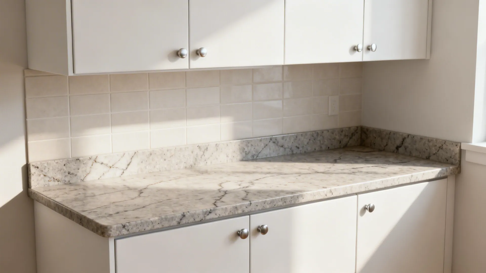 Airy studio kitchen with light granite subtle veining, matte white cabinets, and a micro backsplash.