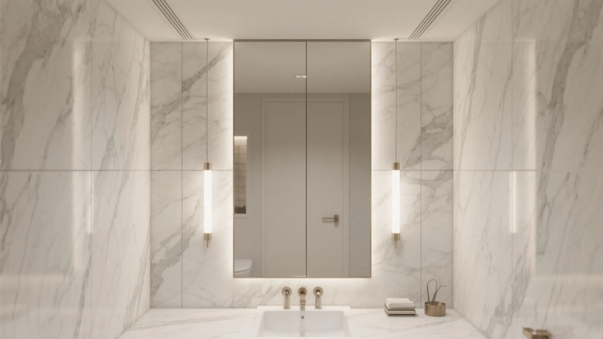 Idea 1: Light-toned granite on walls to visually stretch height