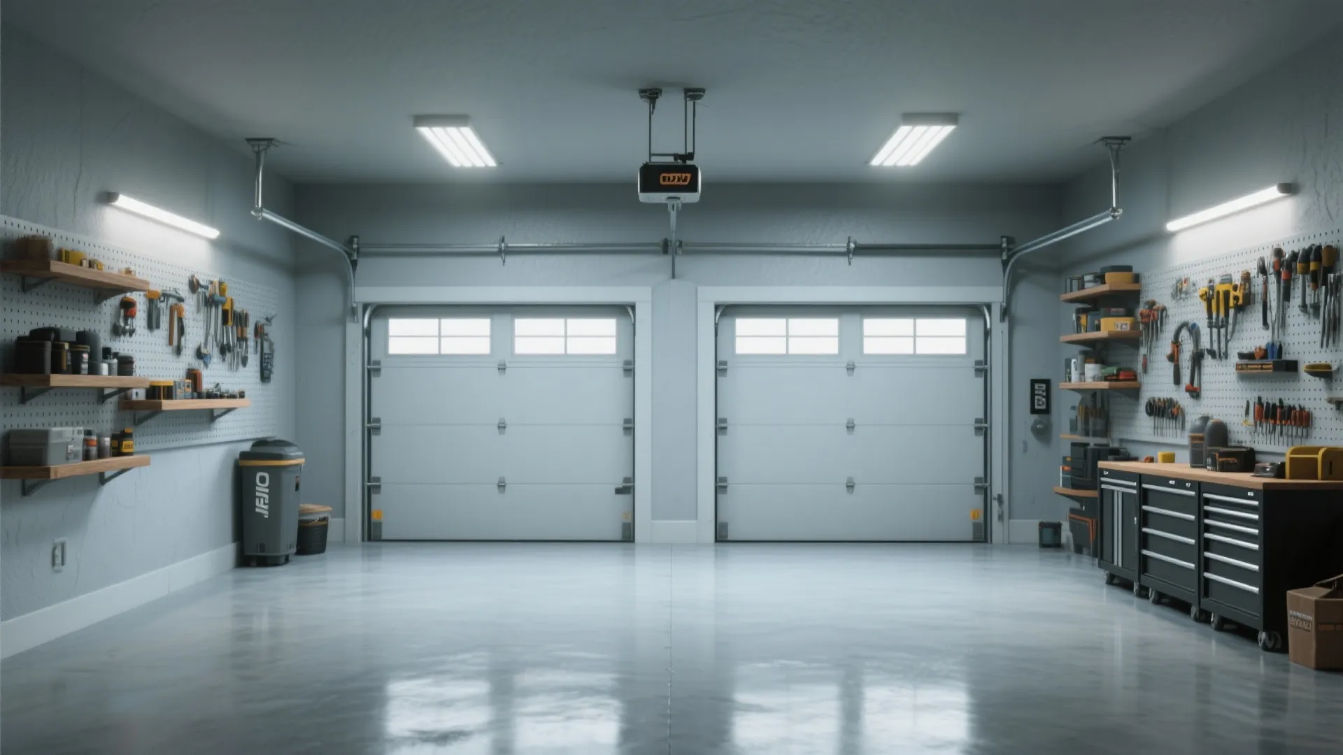 Spacious light grey garage with two doors wall shelves tool storage cabinets and ceiling lights