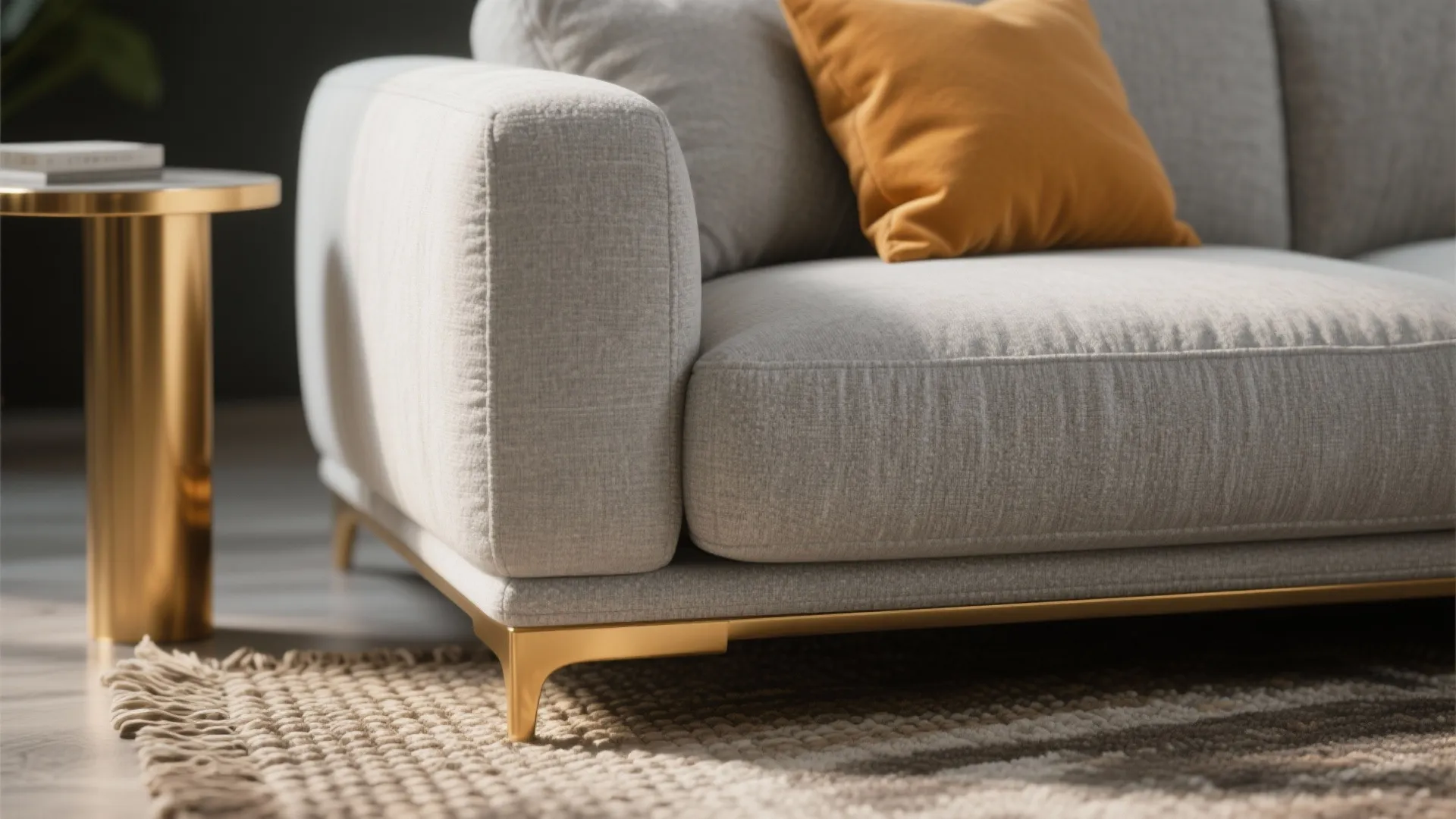 Gray sofa with gold legs orange pillow gold side table and textured rug in bright room