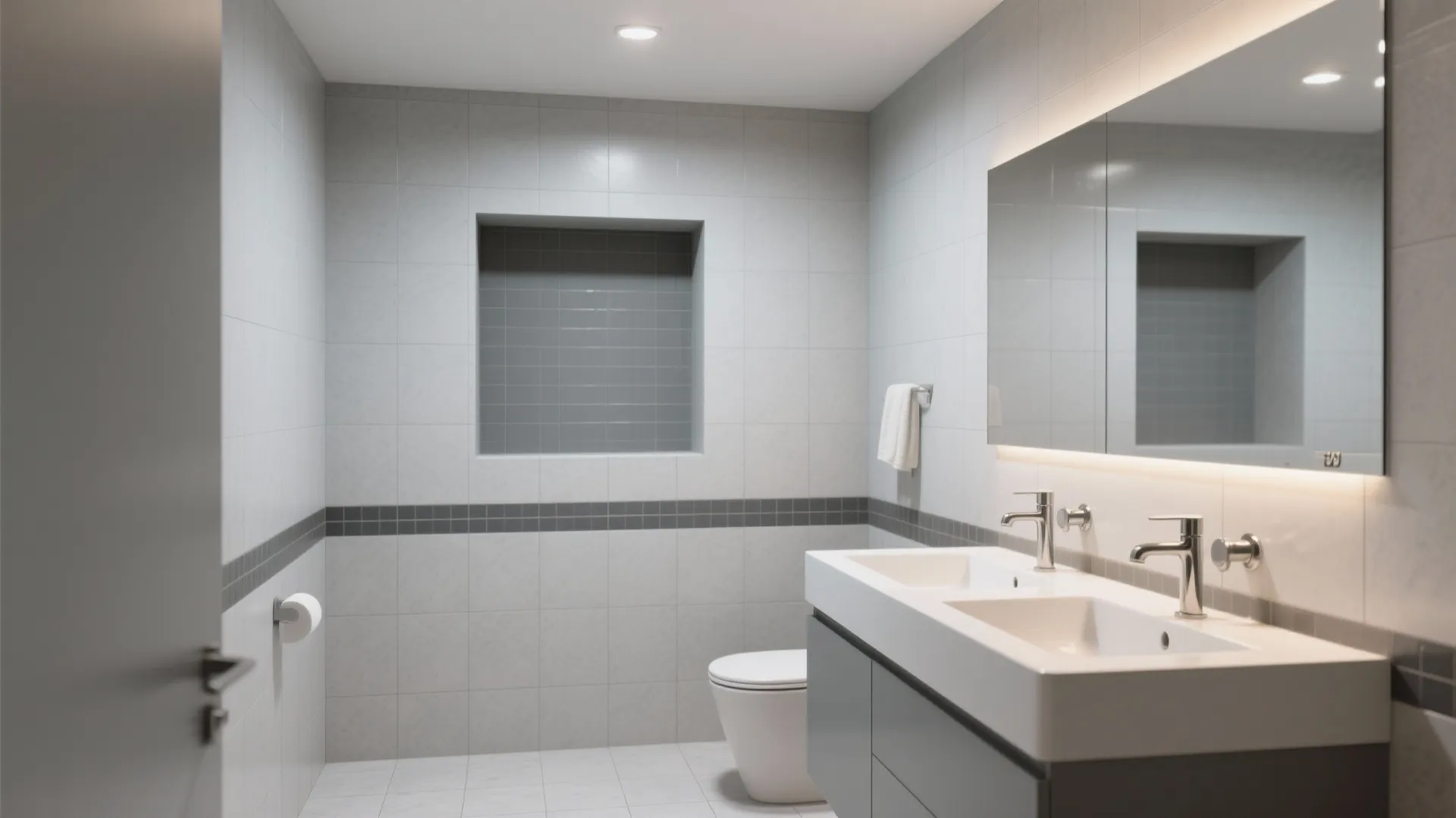 Modern light grey bathroom with double sink cabinet large mirror white toilet and wall niche