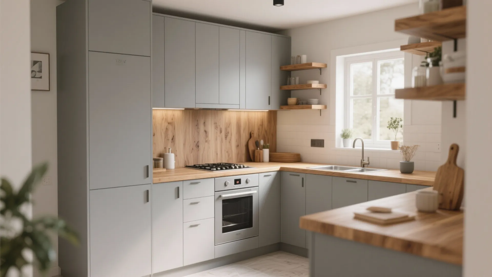 1. Pair Light Gray Cabinets with Warm Wood