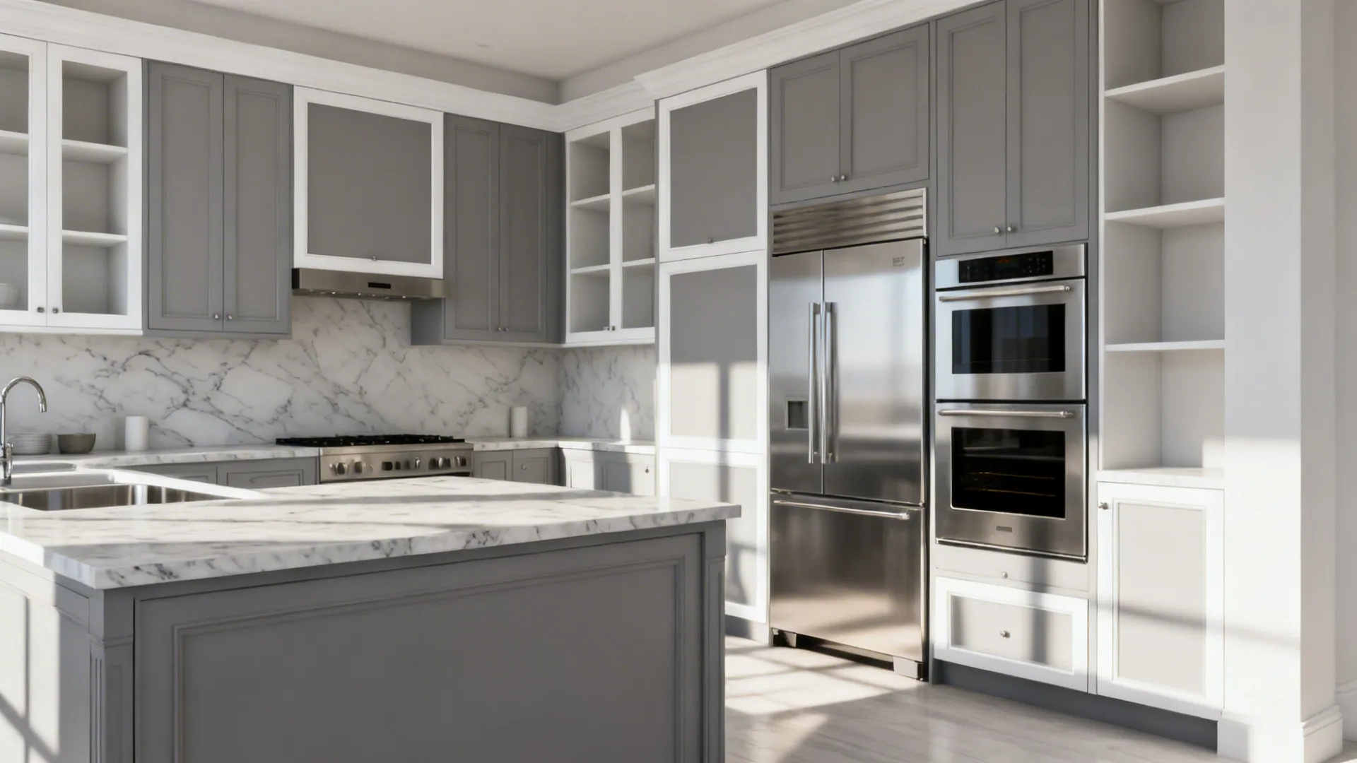 Small kitchen with light-gray cabinets and white trim, stainless appliances