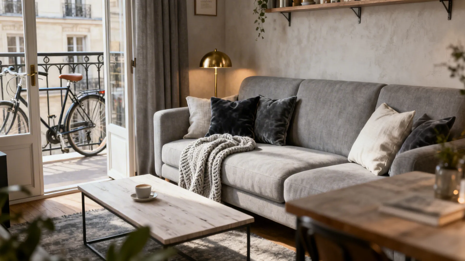 Cozy living room with grey sofa, gold lamp, wooden table, and balcony showing a bicycle