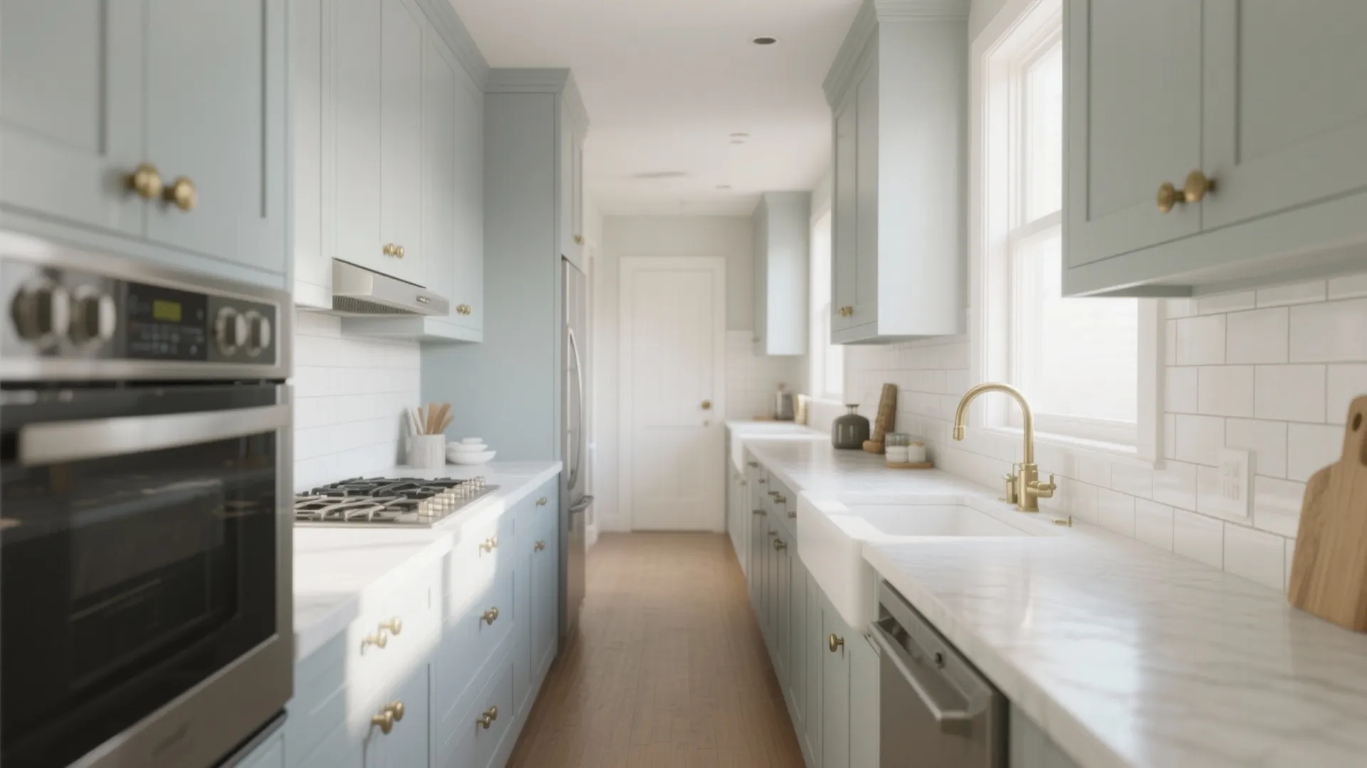 Long narrow galley kitchen featuring light blue cabinets white marble countertops and gold faucet sink area