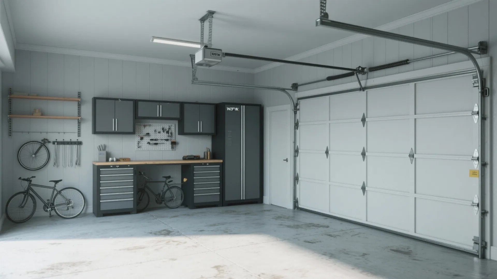 Modern garage with light gray walls black cabinets wooden workbench pegboard tool storage and bicycles