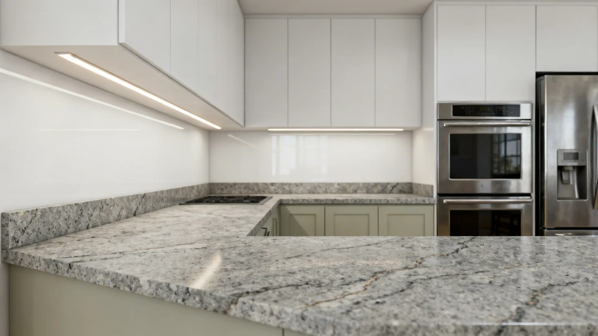 Modern kitchen interior design featuring light gray granite countertops white cabinets and stainless steel oven