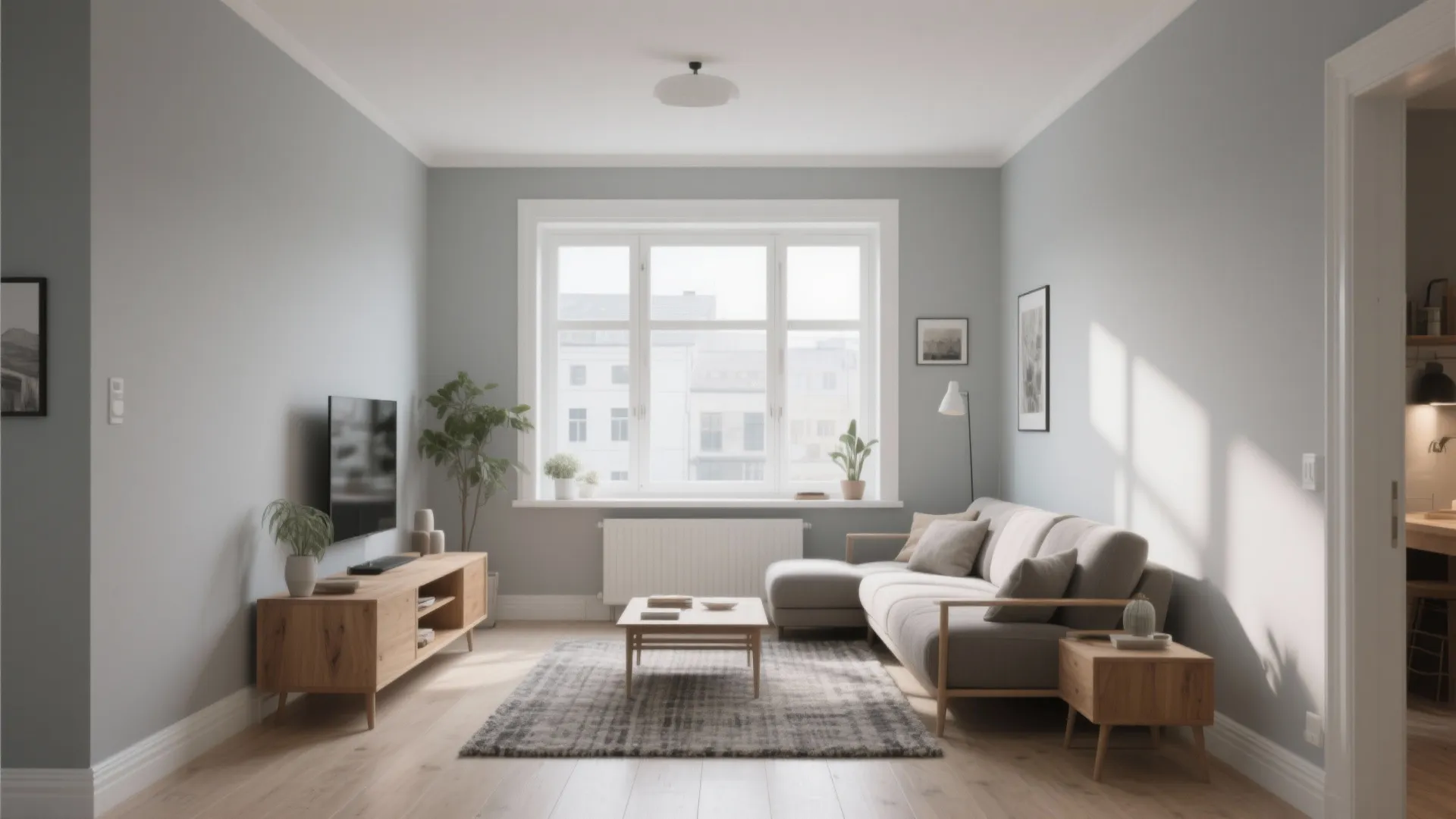 Bright living room with light grey walls grey sofa wooden furniture and a large window