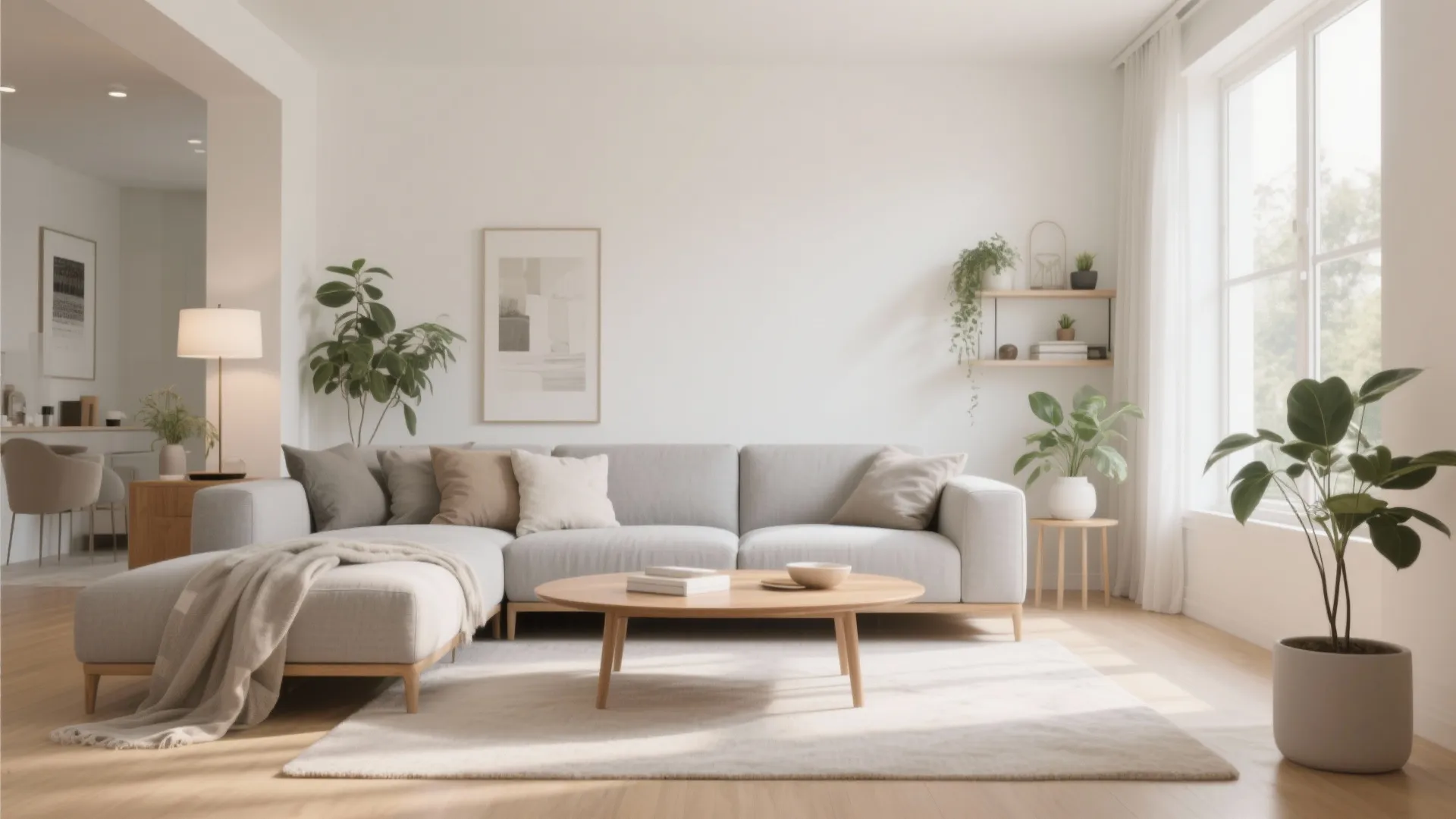 Minimalist living room with light grey sofa wooden coffee table white walls and green plants