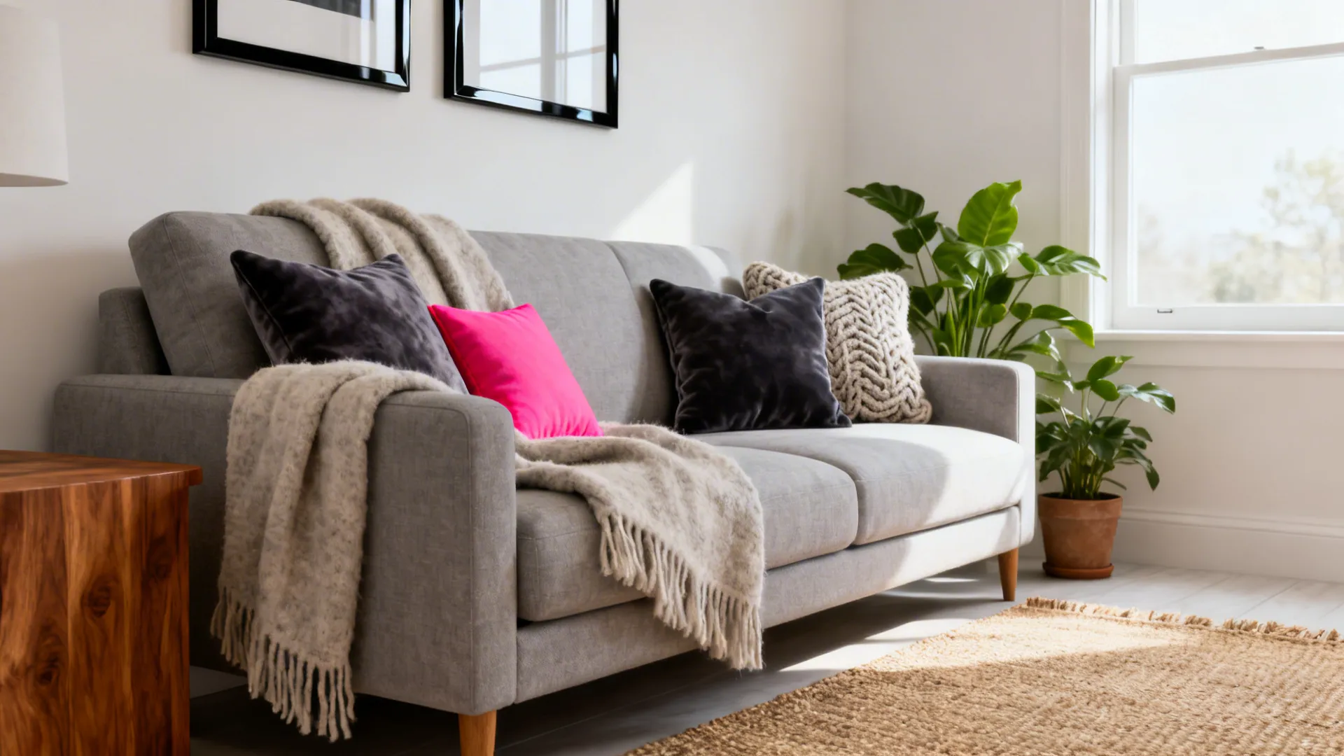 Grey sofa with pink pillow and dark cushions, two blankets, plant, rug, and wall art