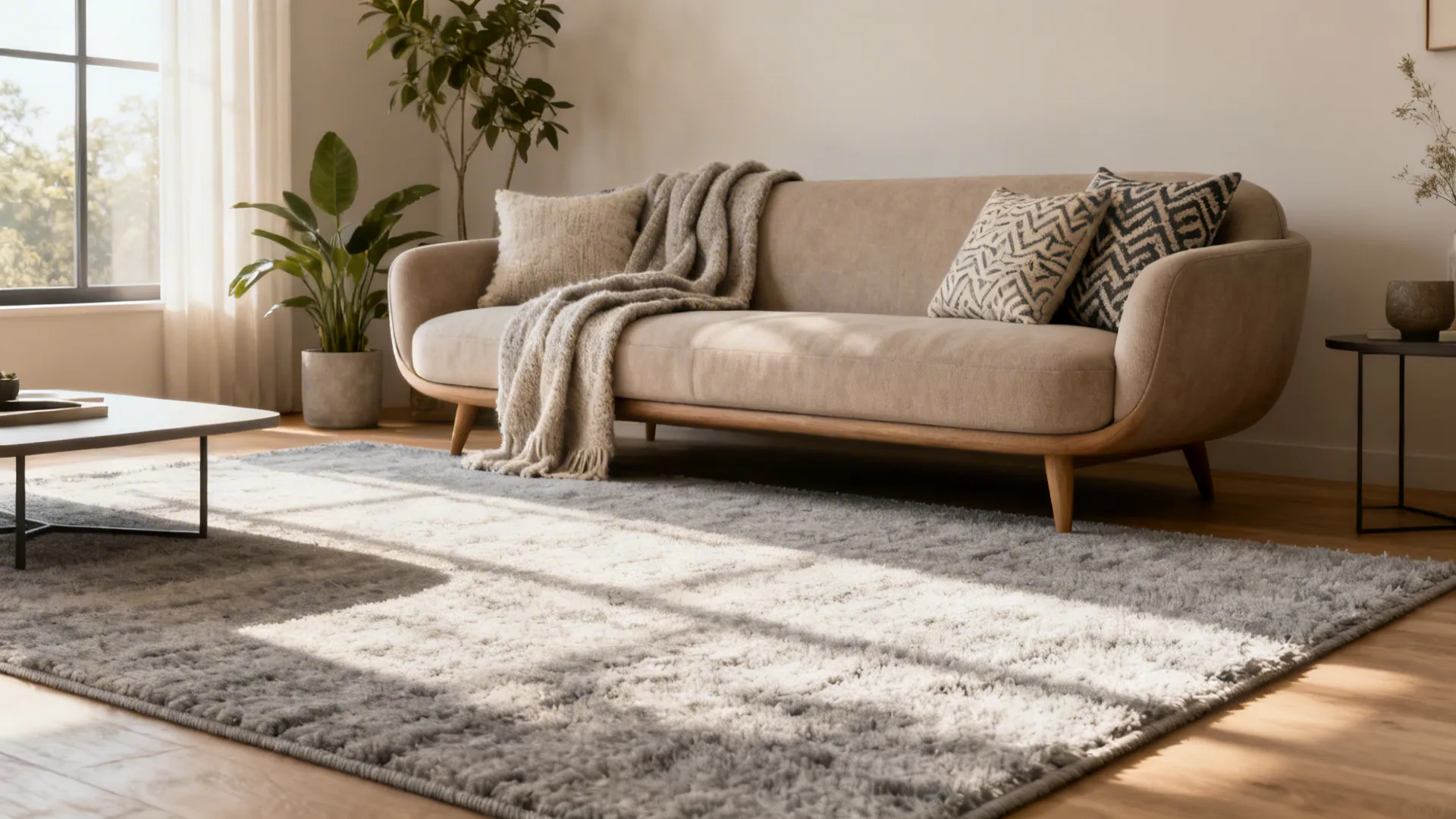 Modern living room with beige sofa gray rug wooden floor green plants and bright sunlight