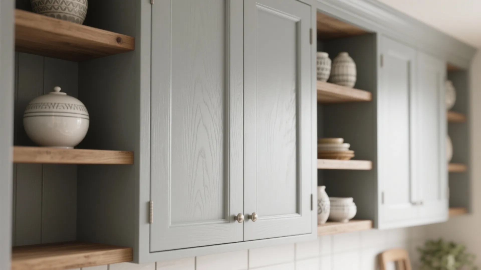 1. Light Gray Shaker with Warm Wood Accents