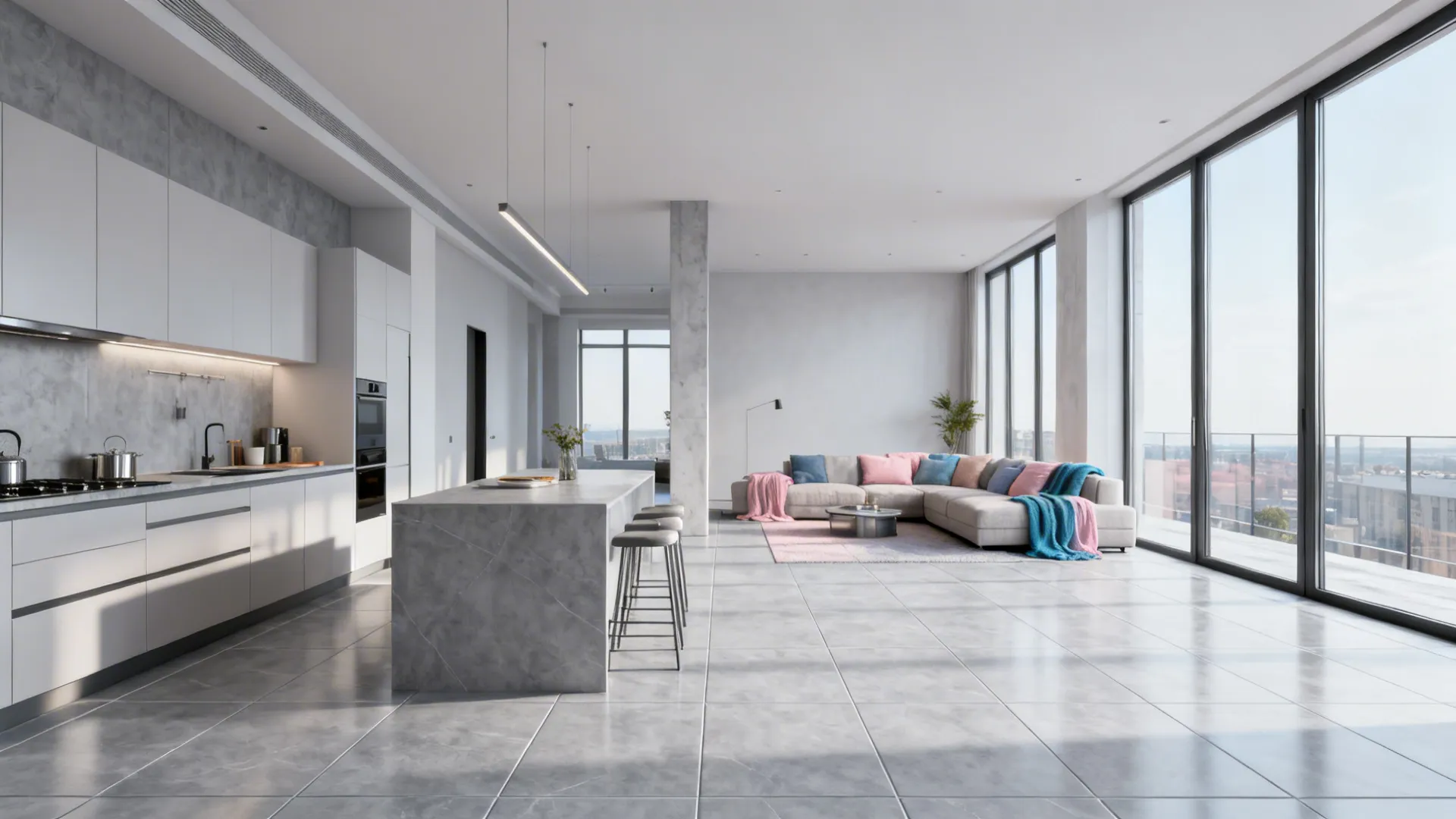 Open-plan loft with light gray tiles, metal accents and pastel textiles under soft daylight.