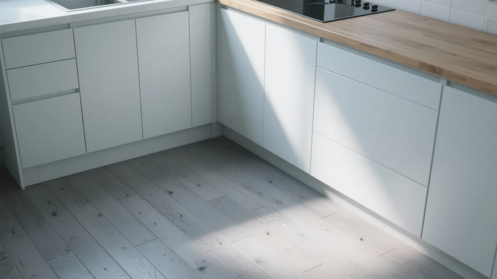 1. Light gray planks to brighten a compact kitchen