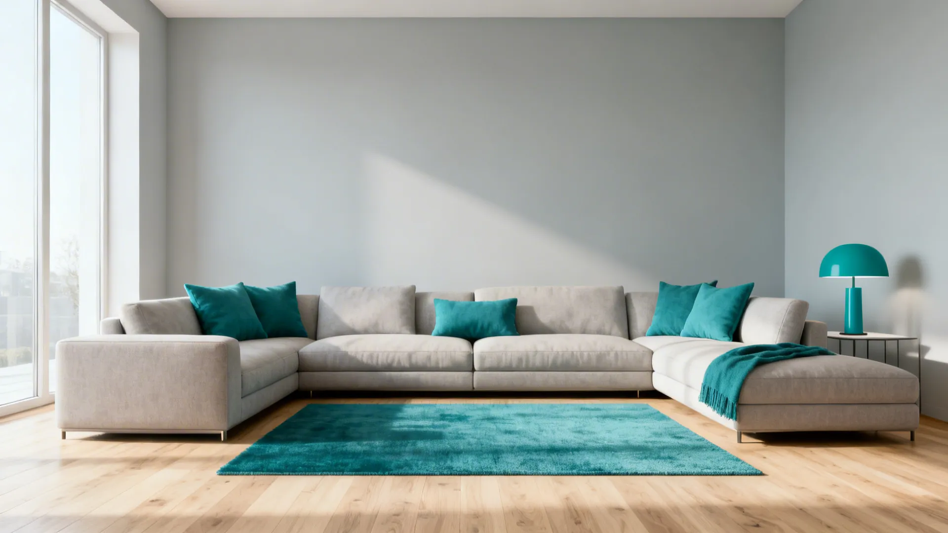 Airy living room with dove-gray walls and teal accents in pillows and lamp, light oak floor