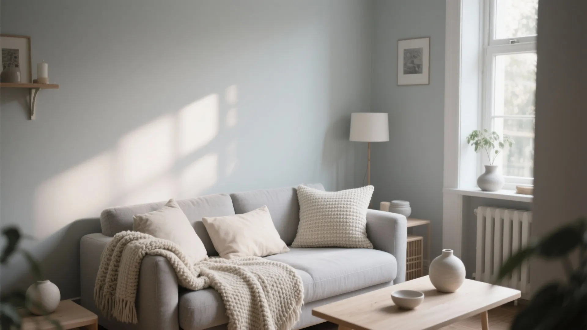 Modern living room with light gray sofa white pillows beige blanket wooden table and natural light