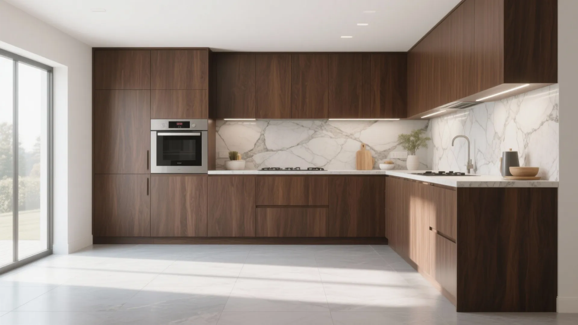 Modern kitchen with dark wood cabinets marble back splash built in oven and light gray tiles