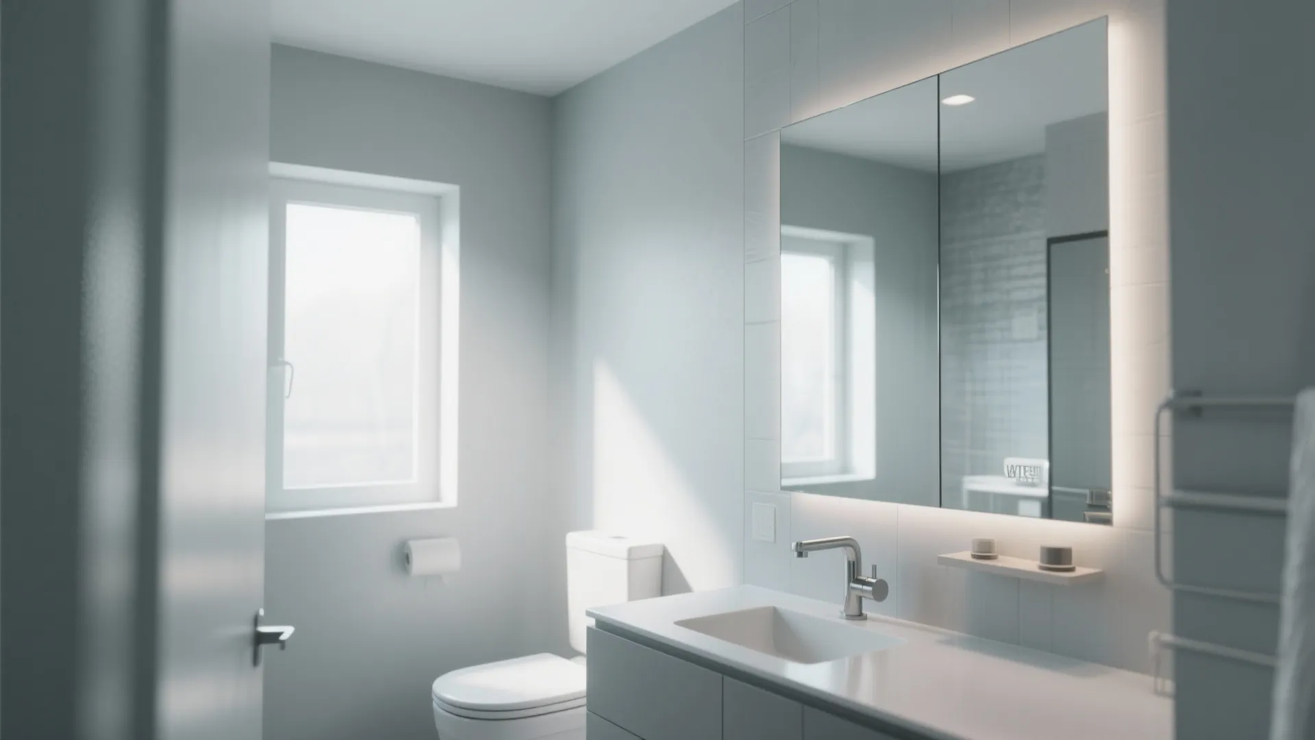 Minimalist light gray bathroom with white sink vanity backlit mirror toilet and small wall window