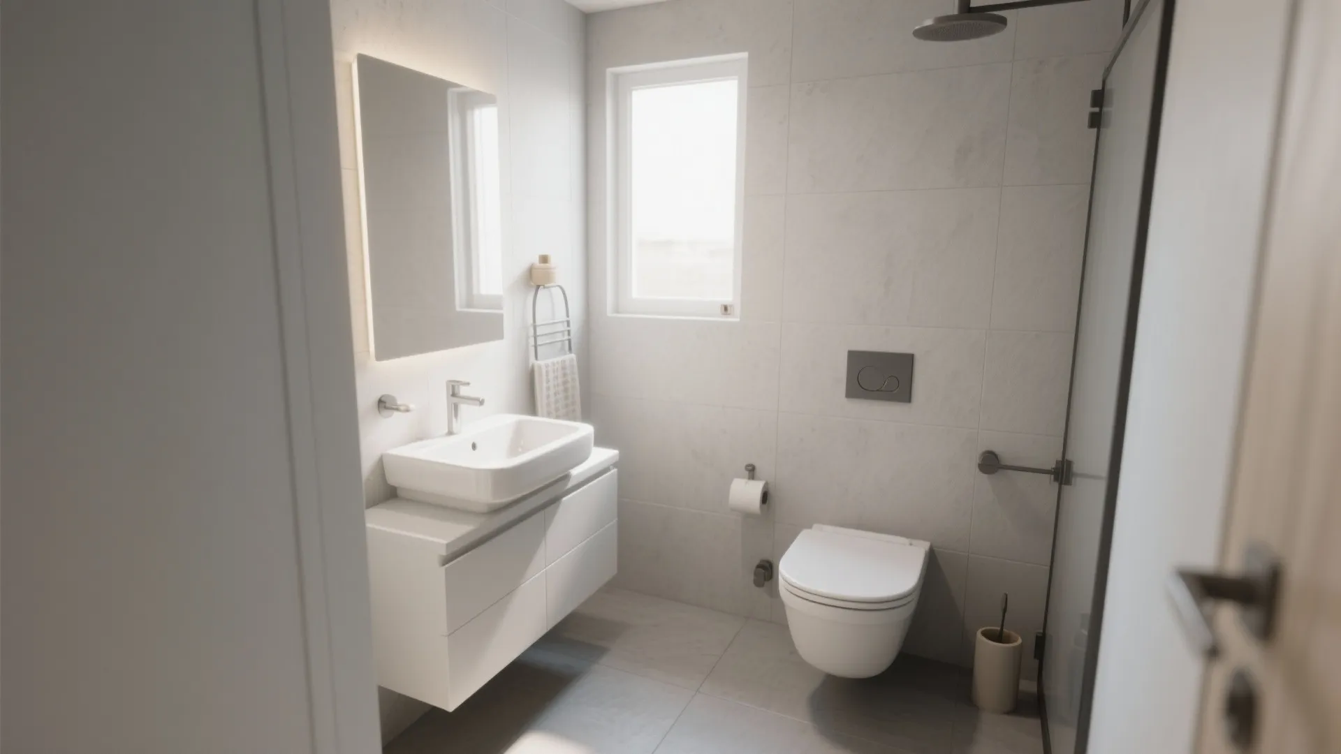 1. Light Gray Walls with White Fixtures