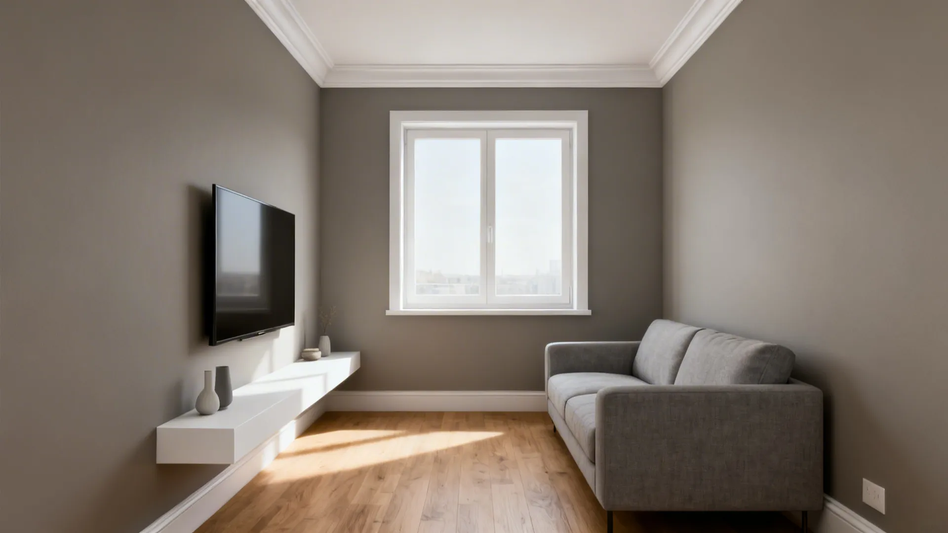 Light greige walls with crisp white trim brighten a compact living room.