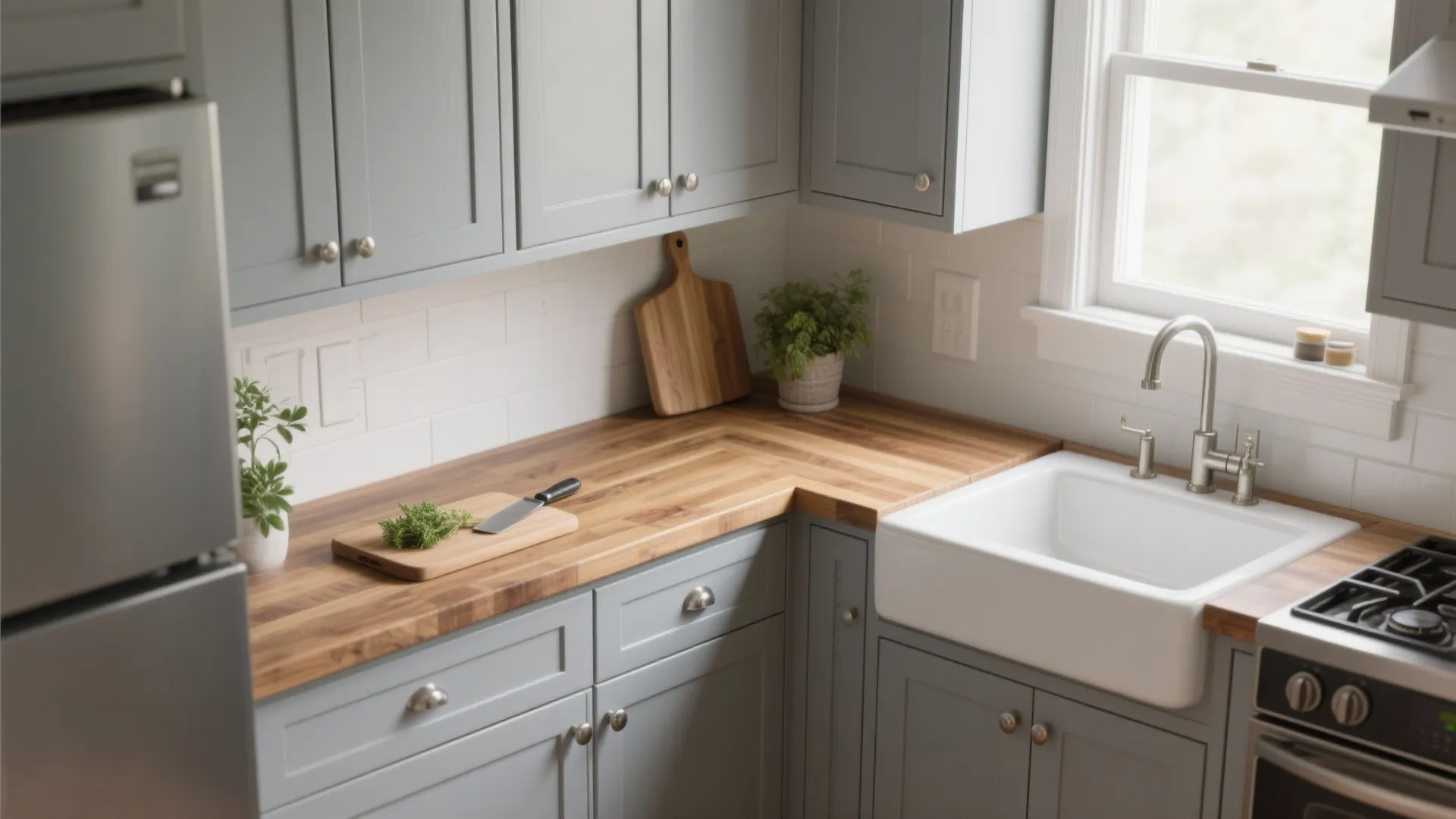 1. Light Gray, Warm Wood Countertop