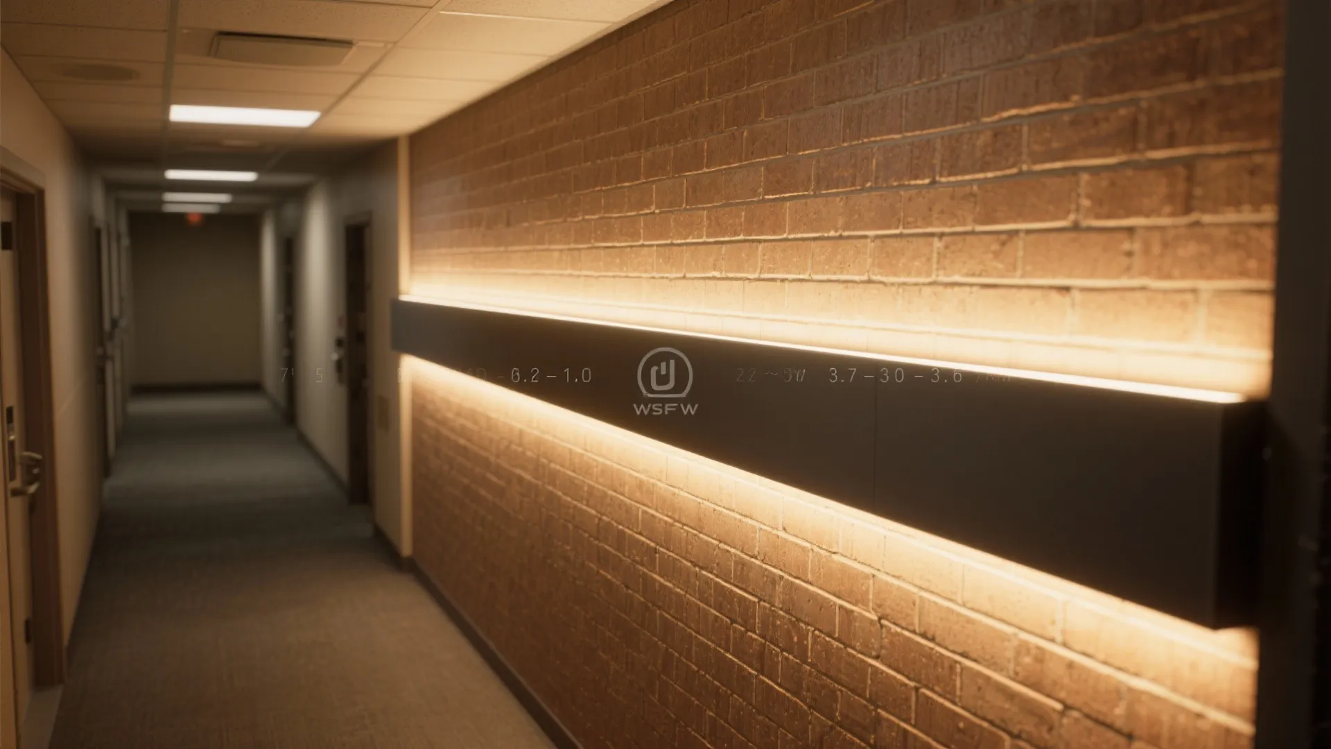 Long hallway with brick wall featuring a black wall light fixture providing warm upward downward glow