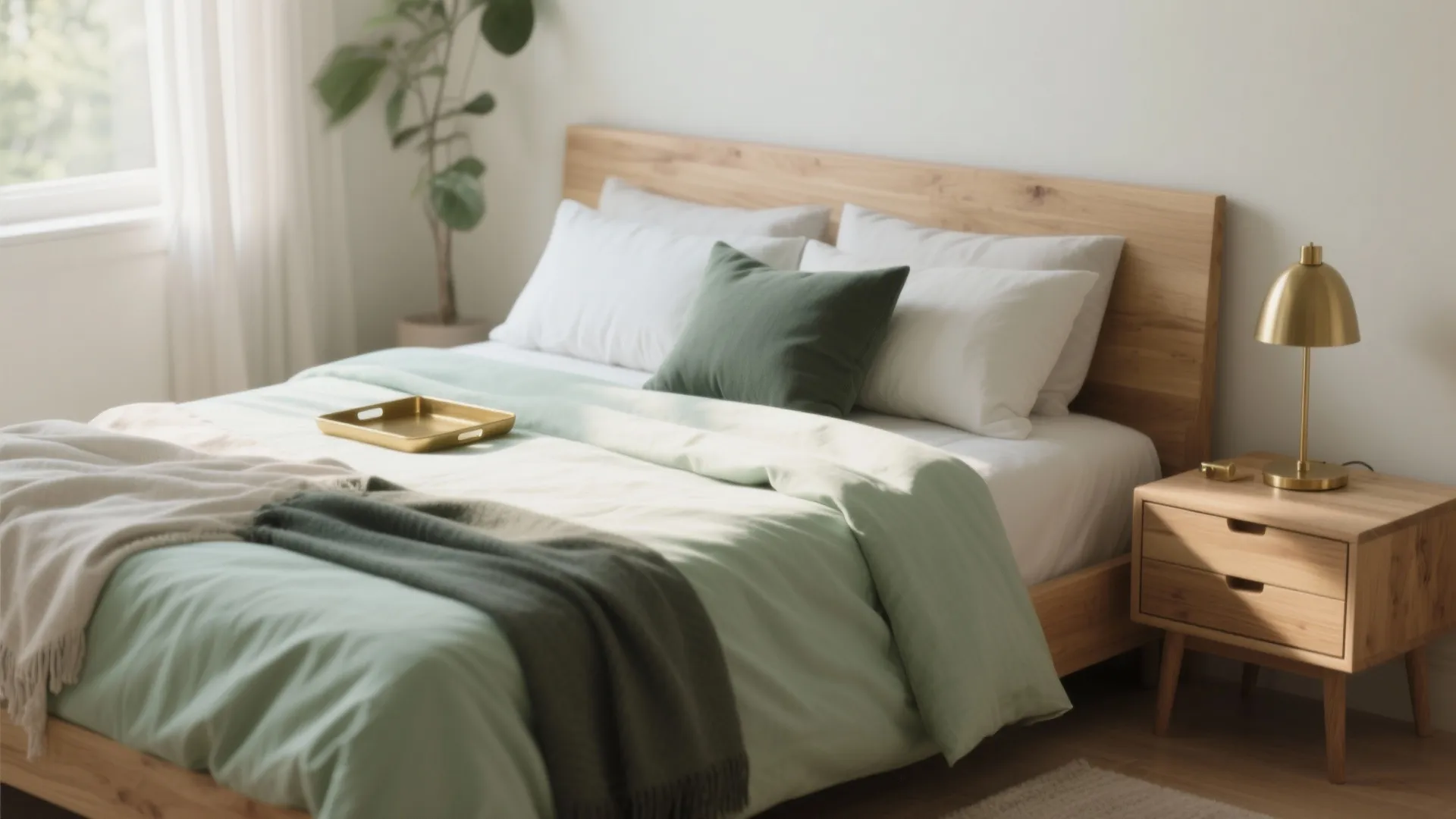 Modern bedroom with a wooden bed frame light green bedding and a gold table desk lamp