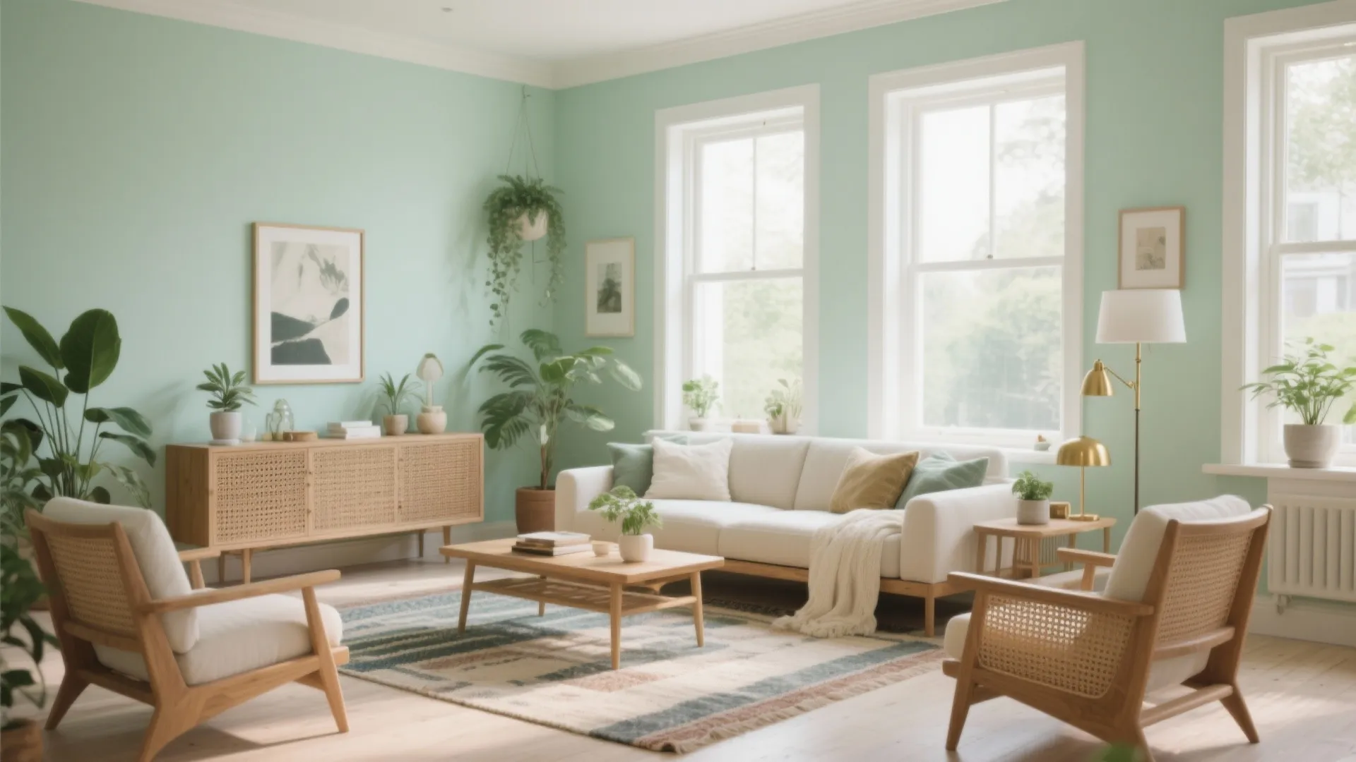 Light green living room with white sofa wooden coffee table cabinet indoor plants and natural light
