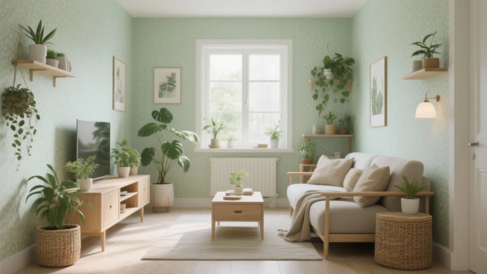Modern living room featuring light green wallpaper with sofa wooden cabinet coffee table and many plants