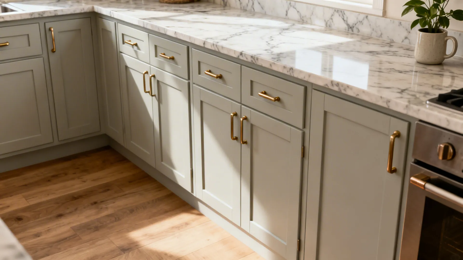 Idea 1: Light Greige Cabinets with Warm Metals