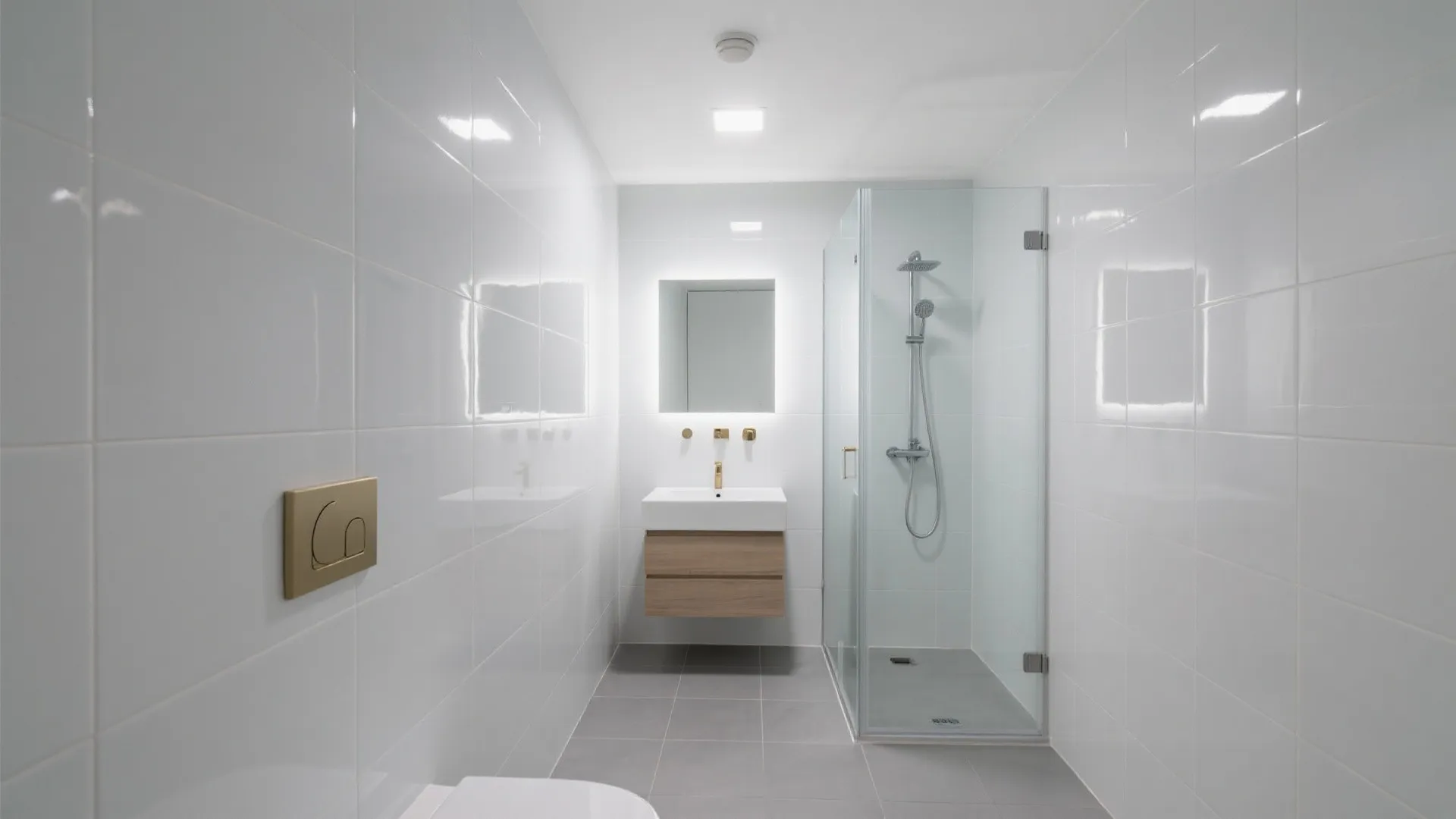 Light-reflective grey tiles for airy small bathrooms