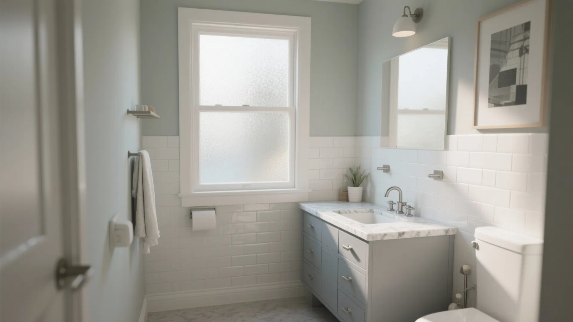 Modern bathroom with light grey cabinet white wall tiles marble countertop window and wall light fixture