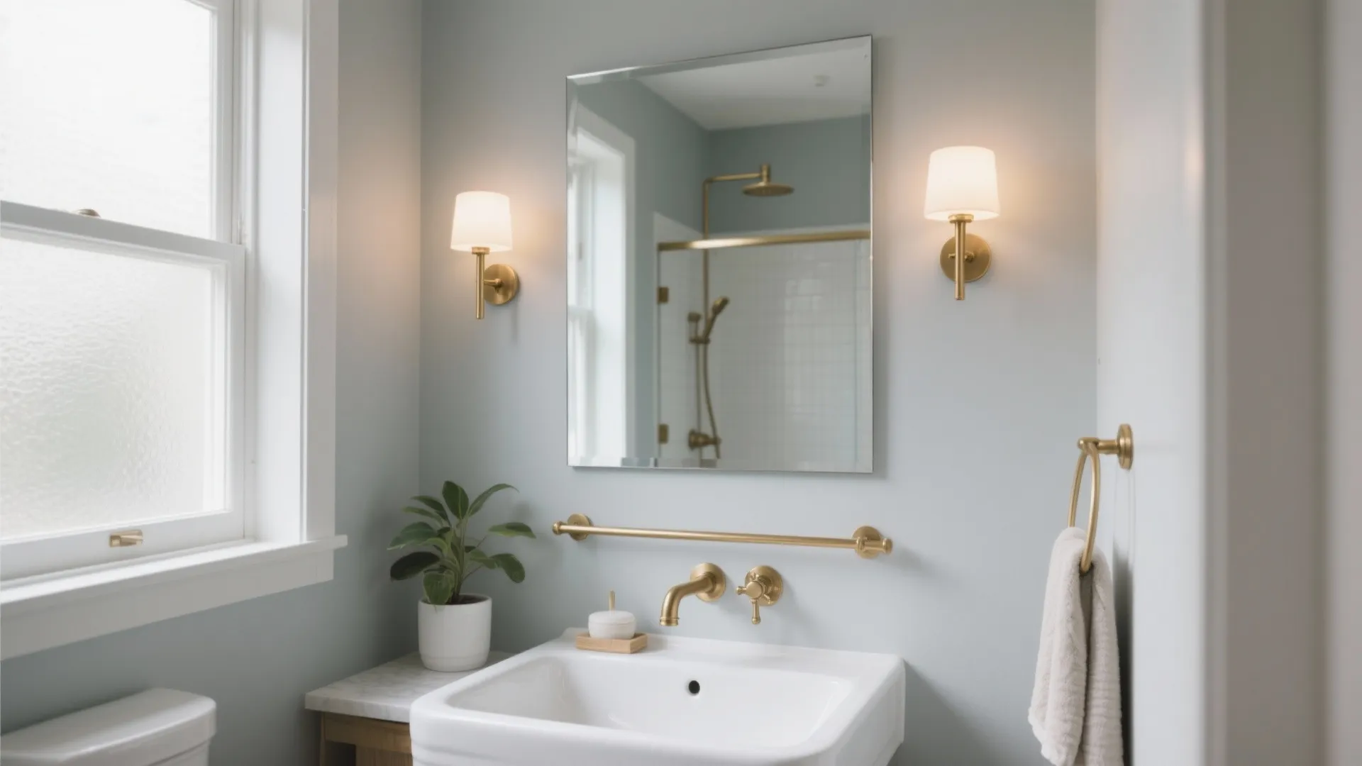 Light grey bathroom interior with white sink plus brass faucets mirror and two wall lights