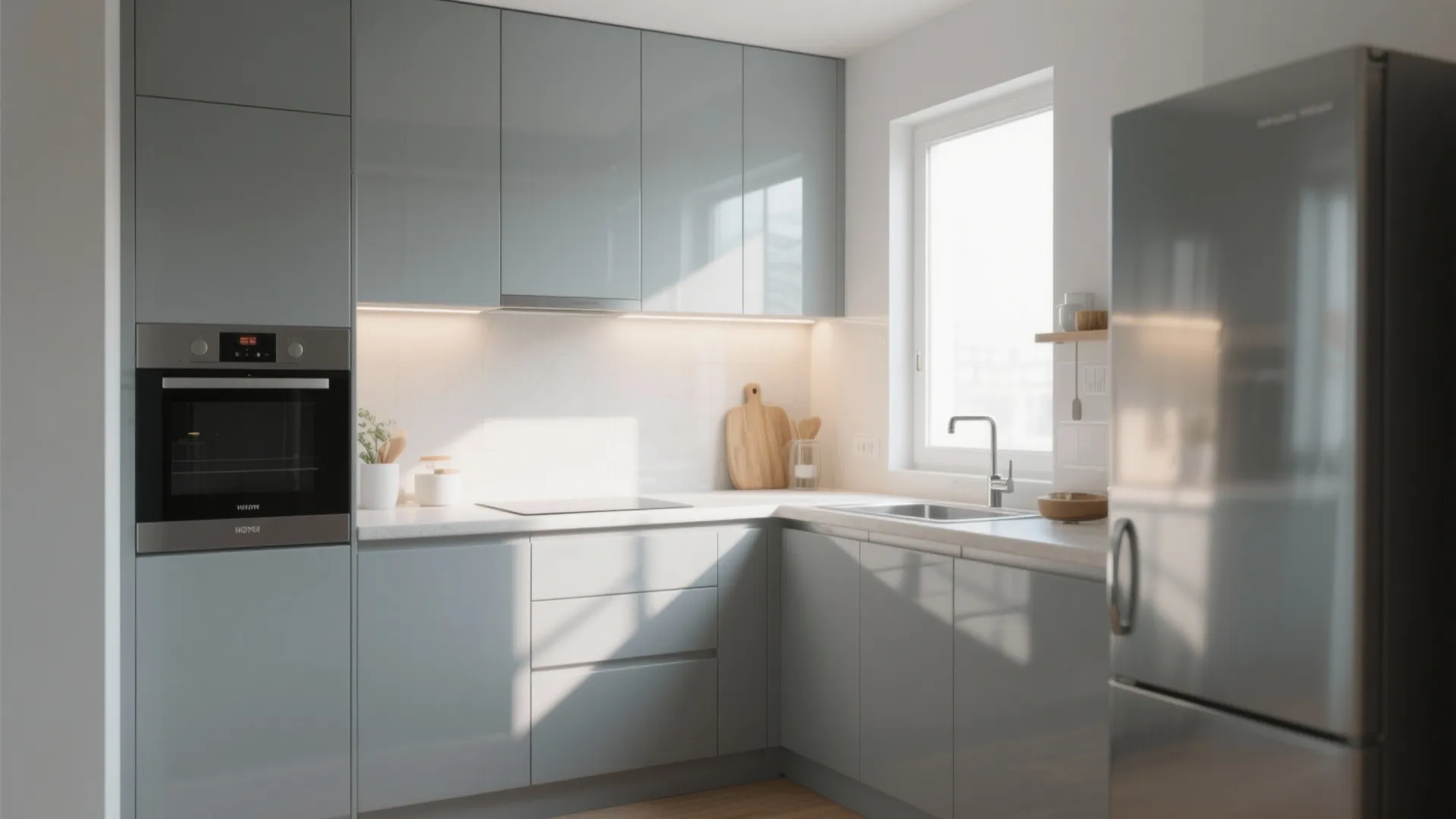 L-shaped kitchen with glossy light grey cabinets built-in oven large window and stainless steel refrigerator