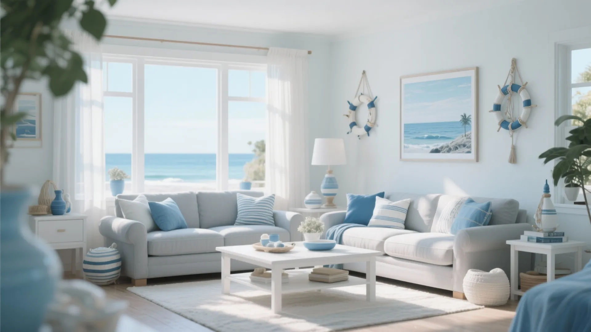 Coastal style living room with blue pillows white sofas ocean view windows and nautical decorations