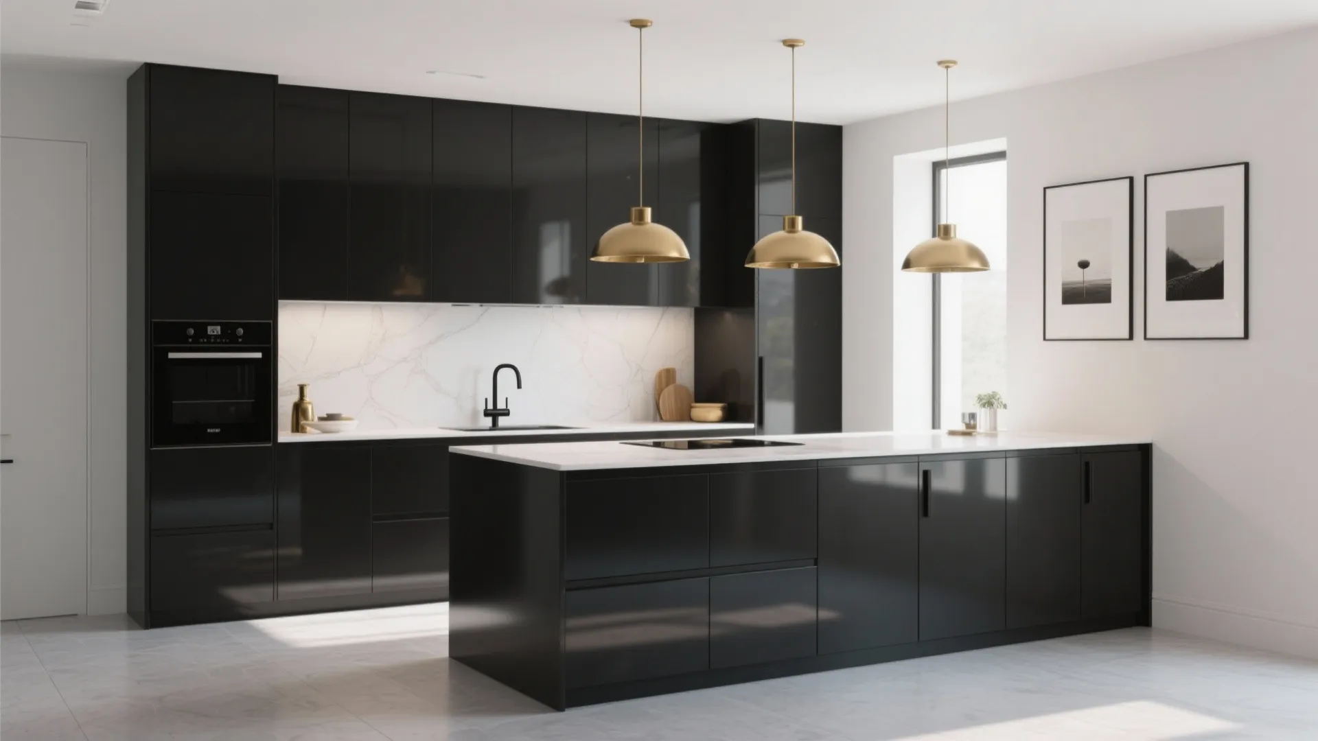 Modern black kitchen with white marble wall panel and three gold ceiling light hanging over