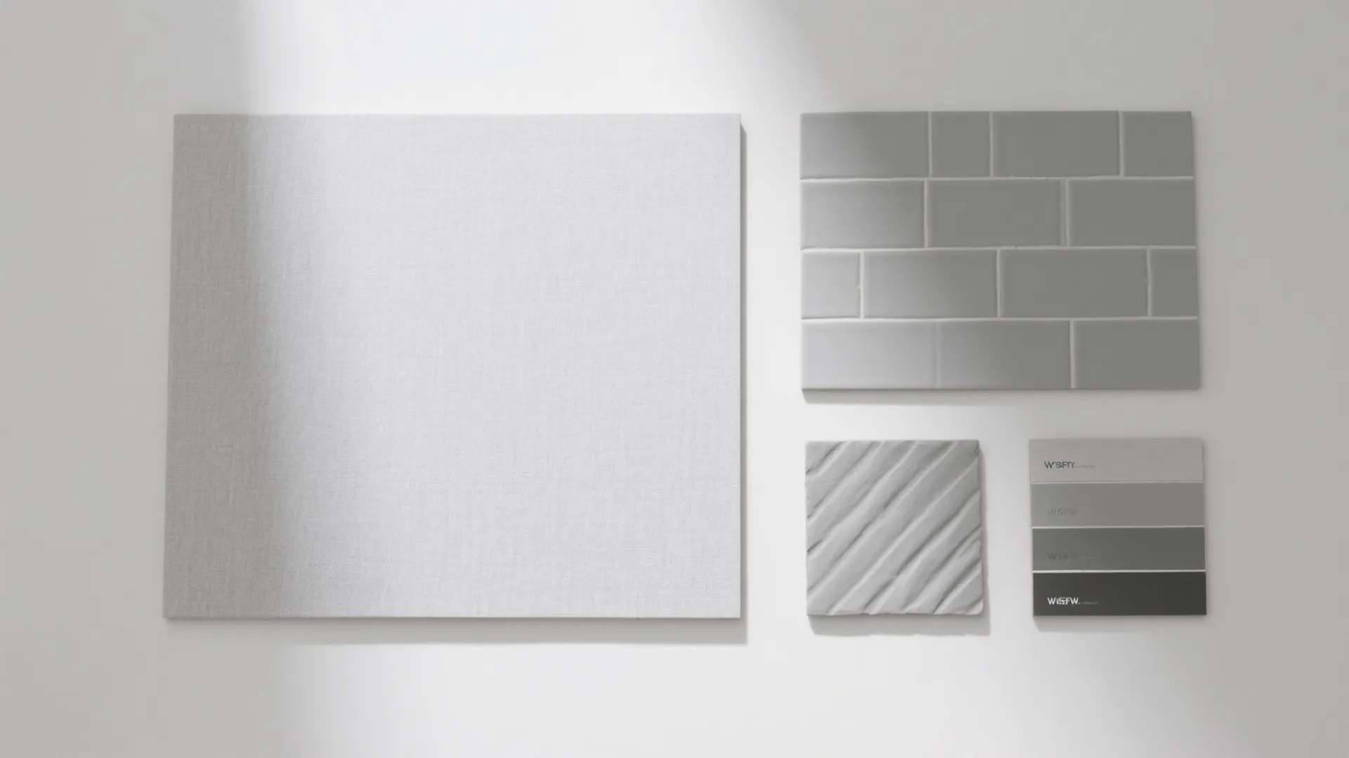 Modern interior design material board with grey fabric wall tiles and shades of paint swatches