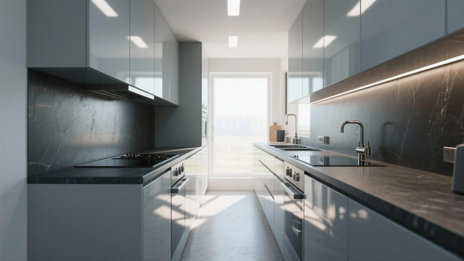 Modern galley kitchen with grey gloss cabinets dark stone countertops sink and bright natural window light