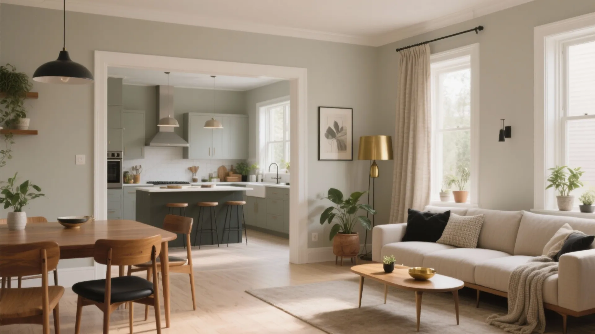 Open plan living room with cream sofa wood dining table and green kitchen in background