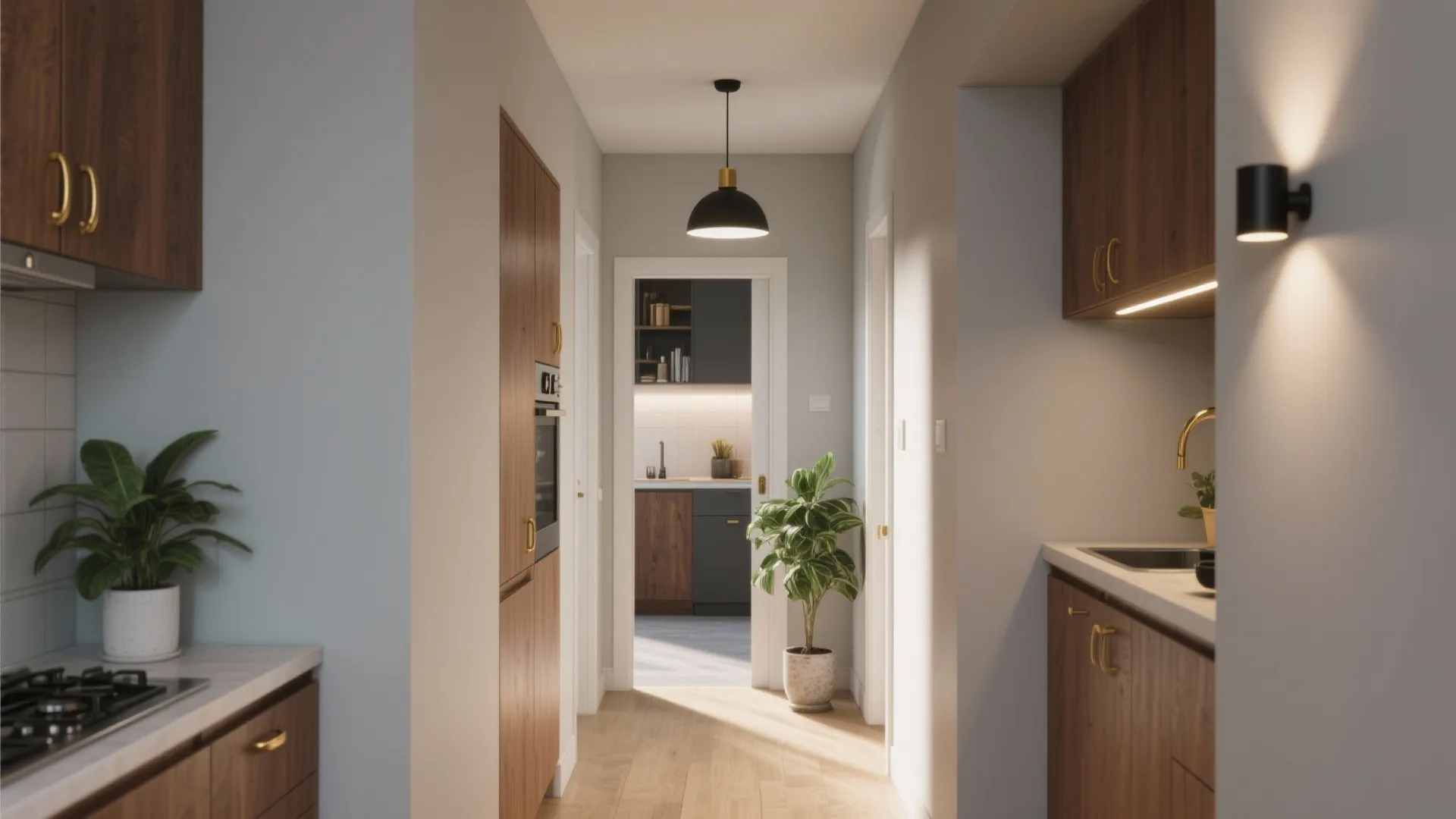 Modern hallway with wooden cabinets black ceiling light wall light green plant and wood flooring