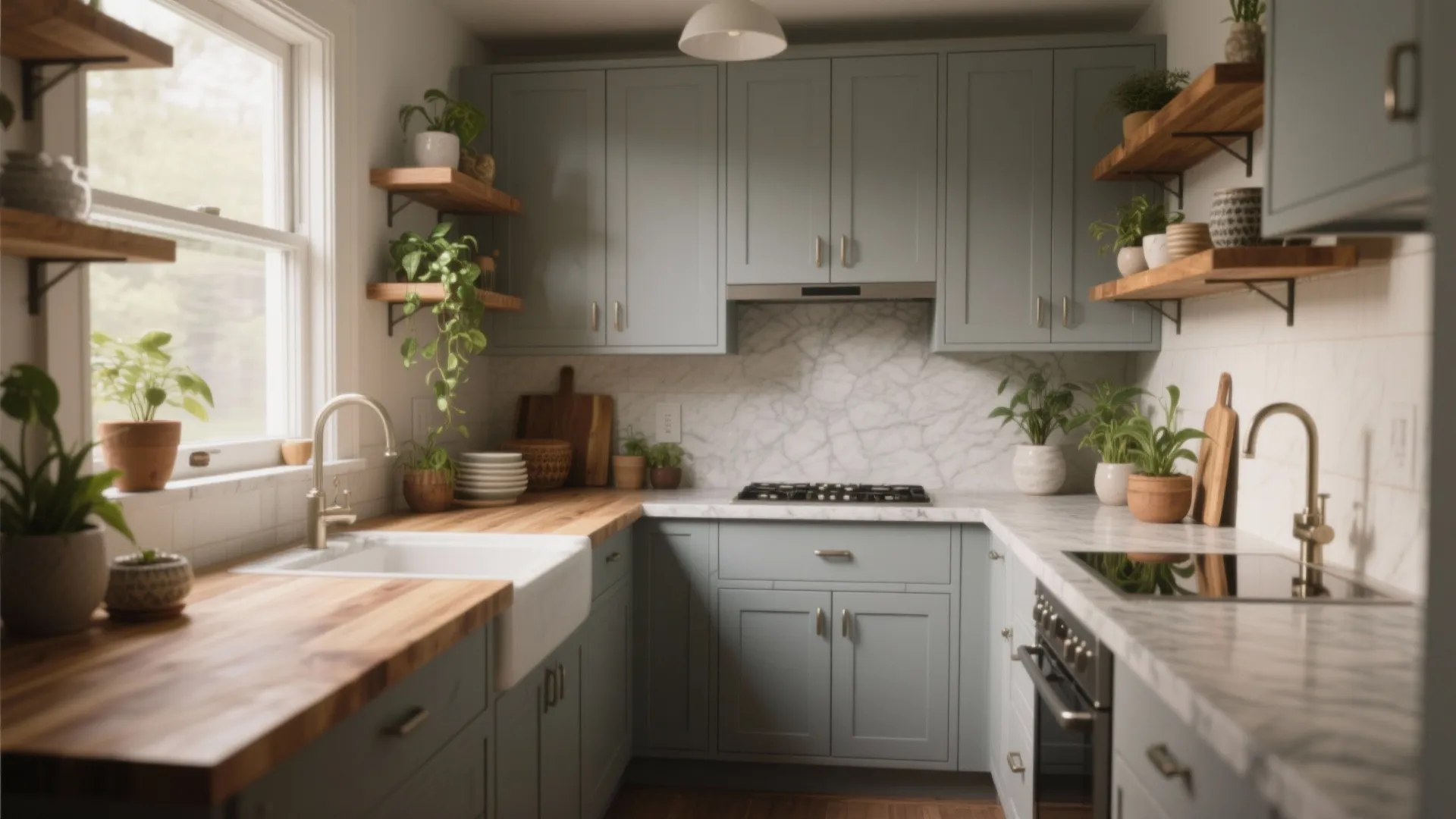 Small light blue kitchen with wood counters white sink marble walls and green plants on shelves