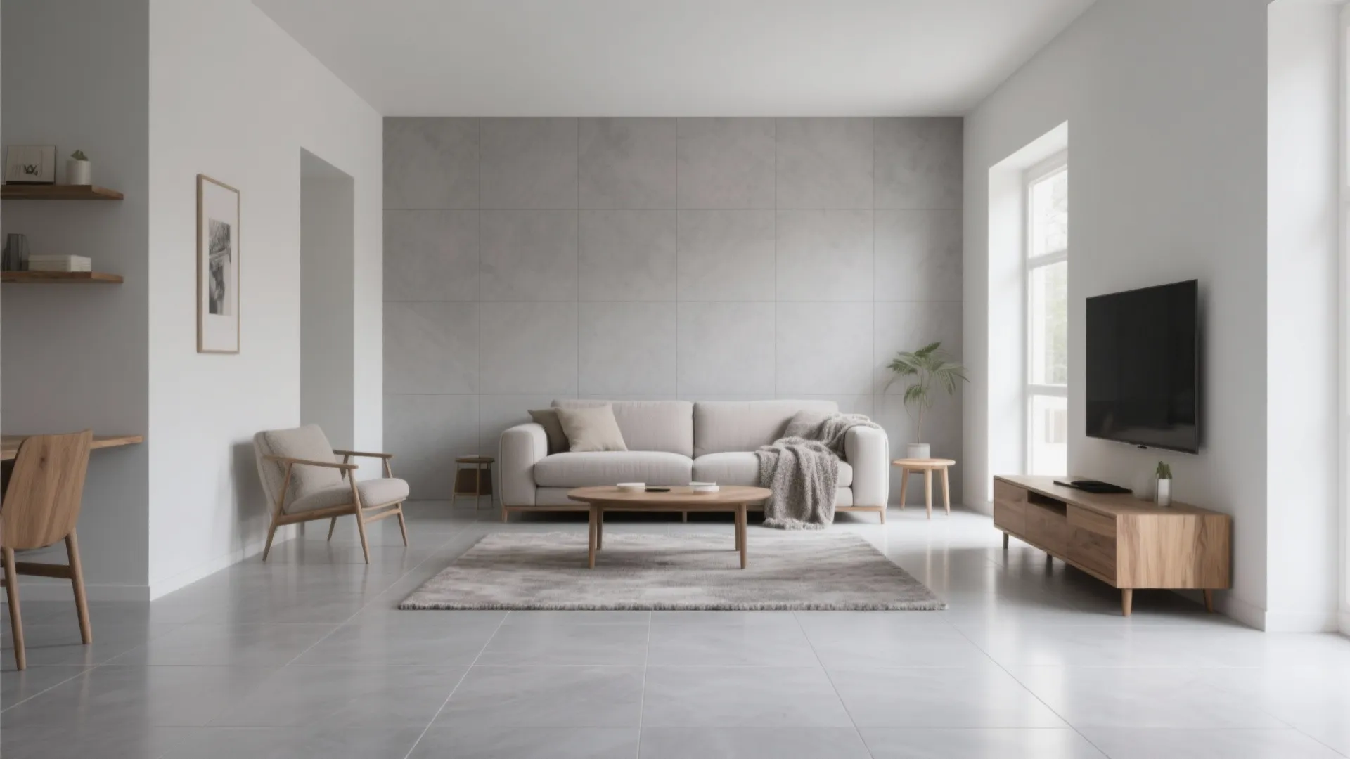 Minimalist living room with a grey sofa, wooden coffee table, television, and grey wall panel