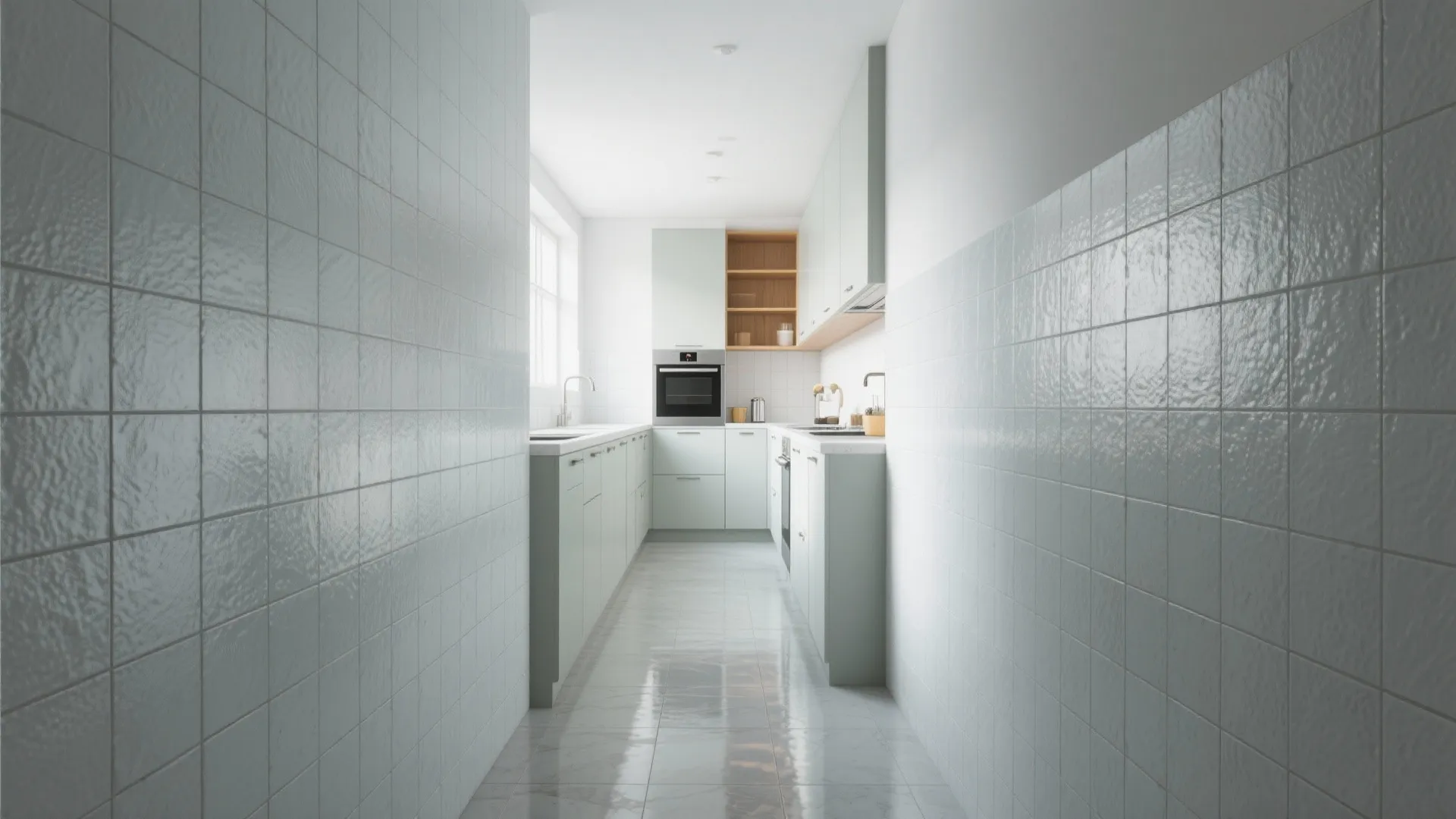 5. Light grey large-format tiles to enlarge narrow kitchens