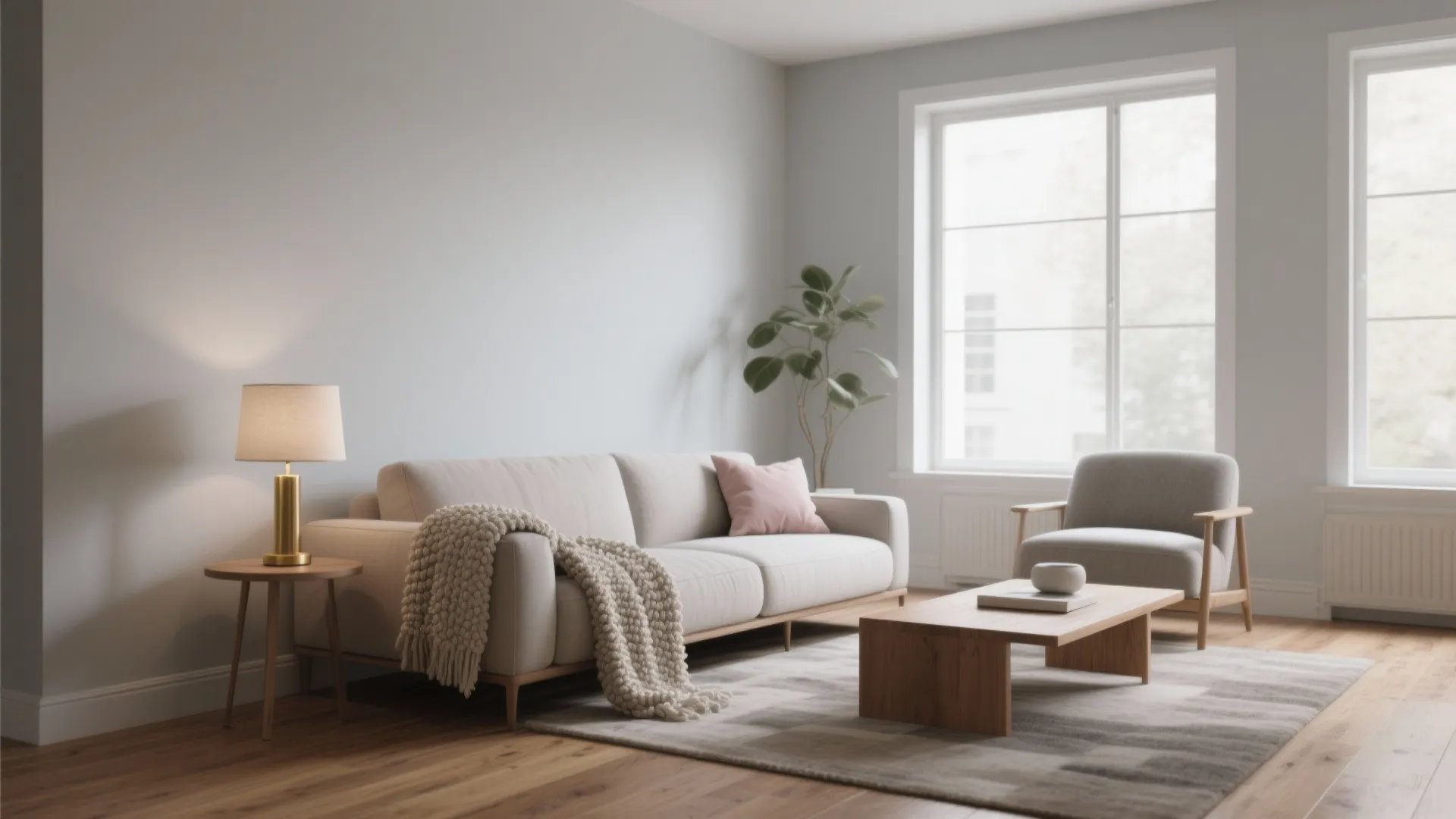 Modern living room with light grey sofa wooden coffee table armchair and bright window natural light