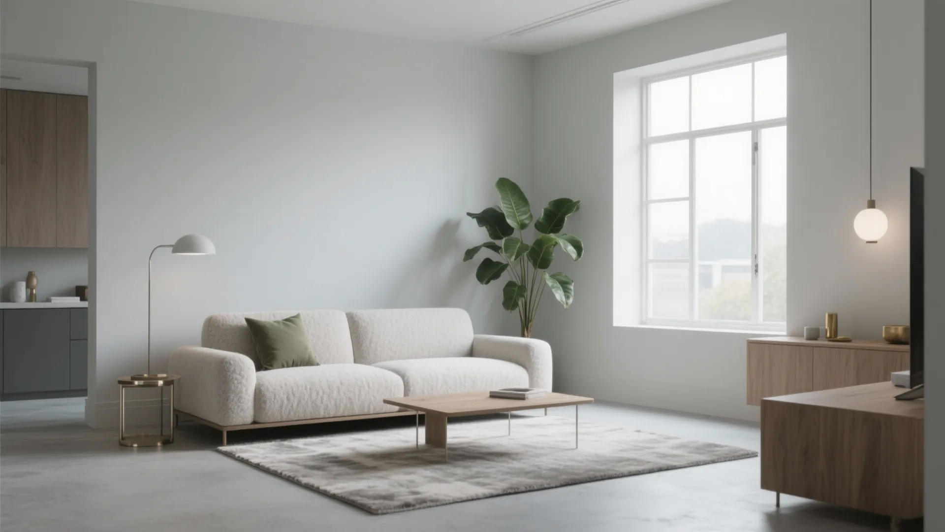 Modern minimalist living room with white sofa, green plant, wooden coffee table, and natural light
