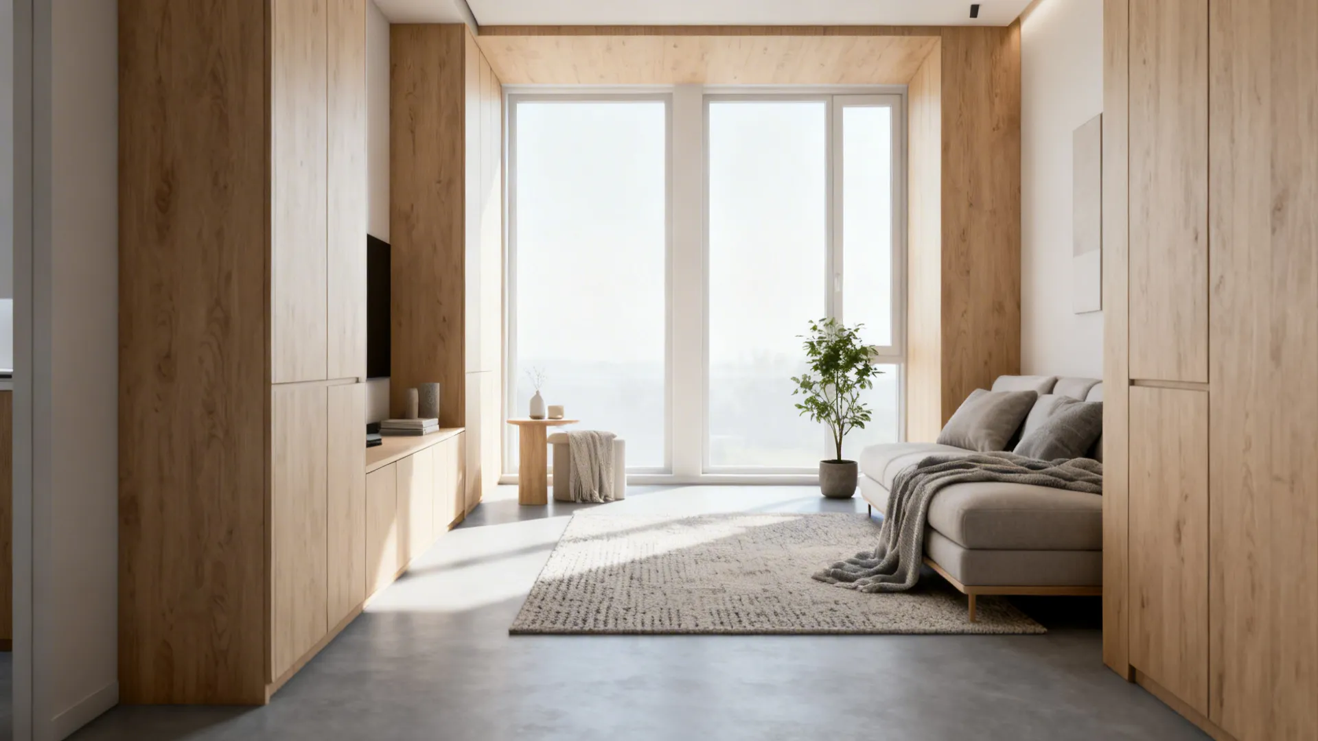 Bright minimalist living room with wooden wall panels, large windows, grey sofa, rug, and plant