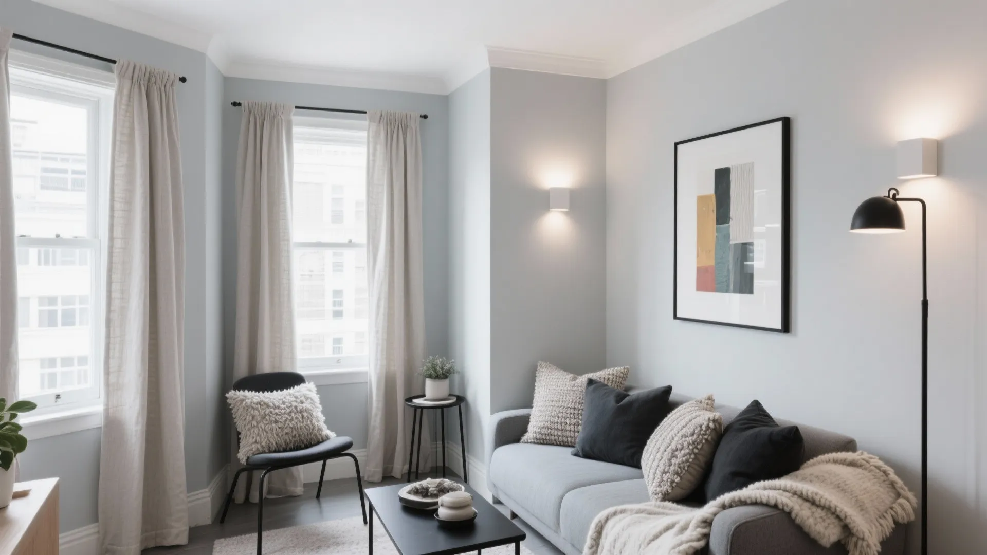 Light grey living room featuring grey sofa white curtains wall lights floor lamp and artwork